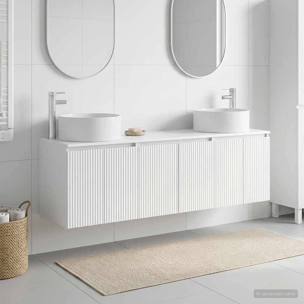 Modernes weißes Badezimmer mit schwebendem Doppelwaschtisch, ovalen Spiegeln, Aufsatzwaschbecken, Chromarmaturen und einem beigefarbenen Teppich auf gefliestem Boden.