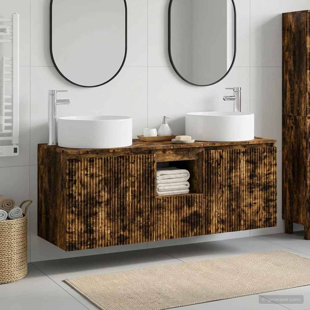 Modernes Badezimmer-Waschtisch mit zwei runden weißen Waschbecken, wandmontierten Spiegeln und einem Schrank mit Holzstruktur und offener Handtuchtablage.