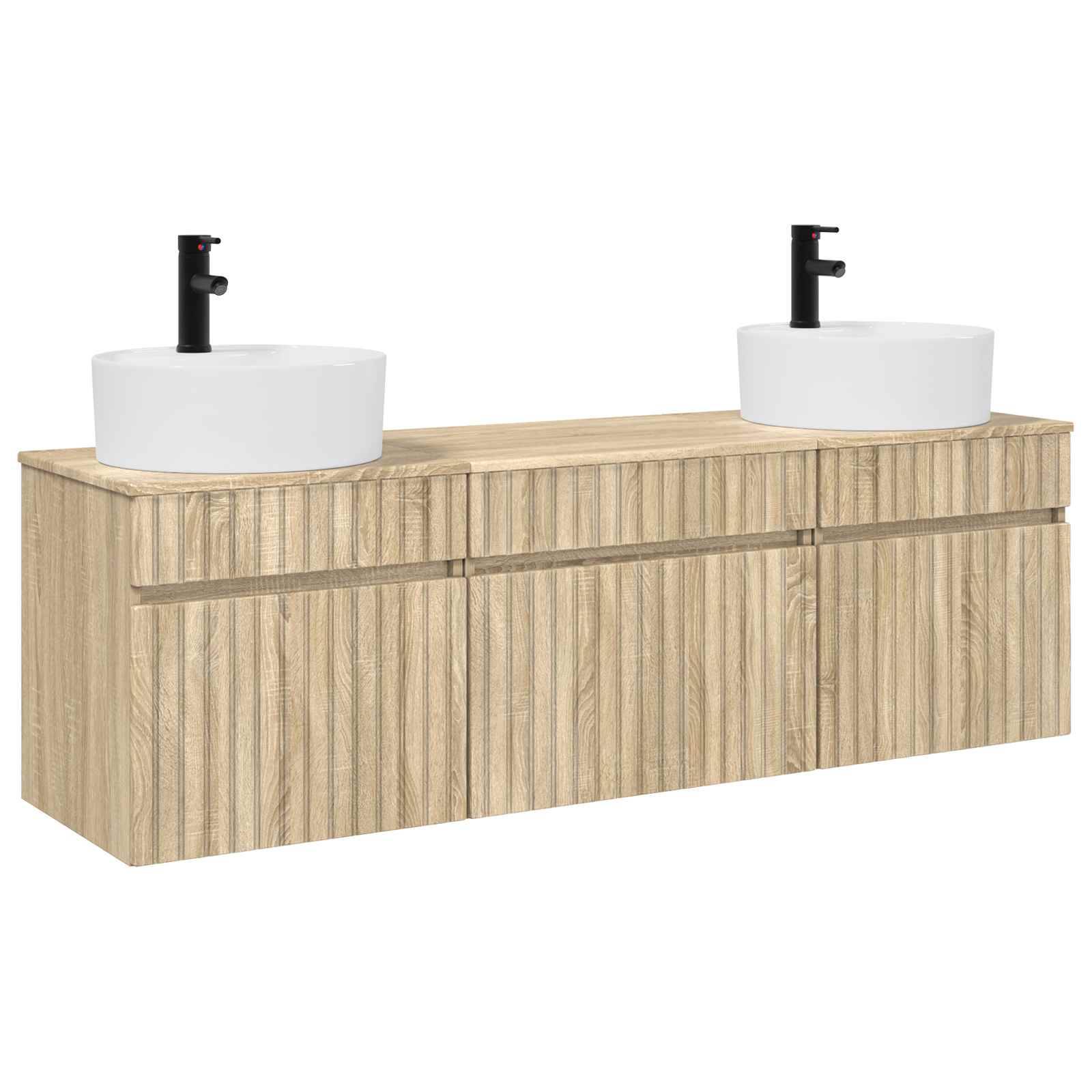 Helles Holz-Doppelwaschtisch im Badezimmer mit zwei weißen Aufsatzwaschbecken und schwarzen Armaturen auf einem langen Schrank