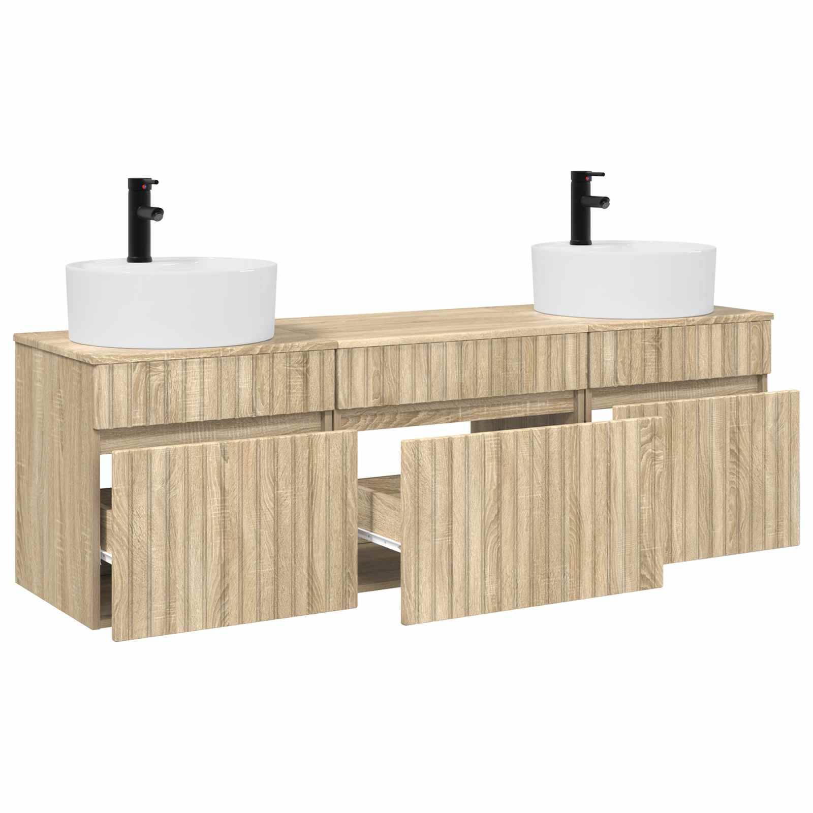 Holzernes Badezimmer-Doppelwaschbecken mit zwei runden weißen Becken, schwarzen Armaturen und vier vorderen Schrankktüren.