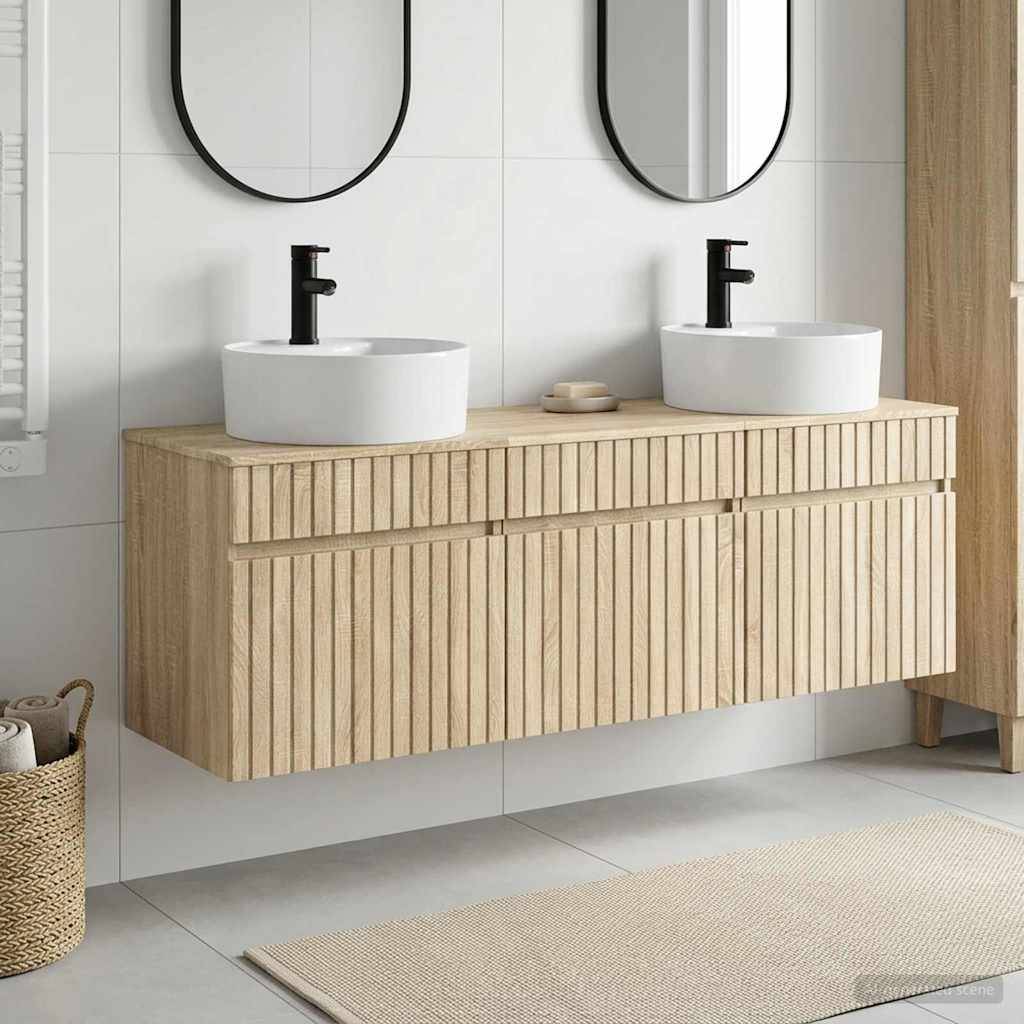 Modernes Badezimmer-Waschtisch mit zwei runden weißen Aufsatzwaschbecken, schwarzen Armaturen und ovalen Spiegeln über einem hellholzfarbigen Unterschrank mit Lamellenbeschlag.