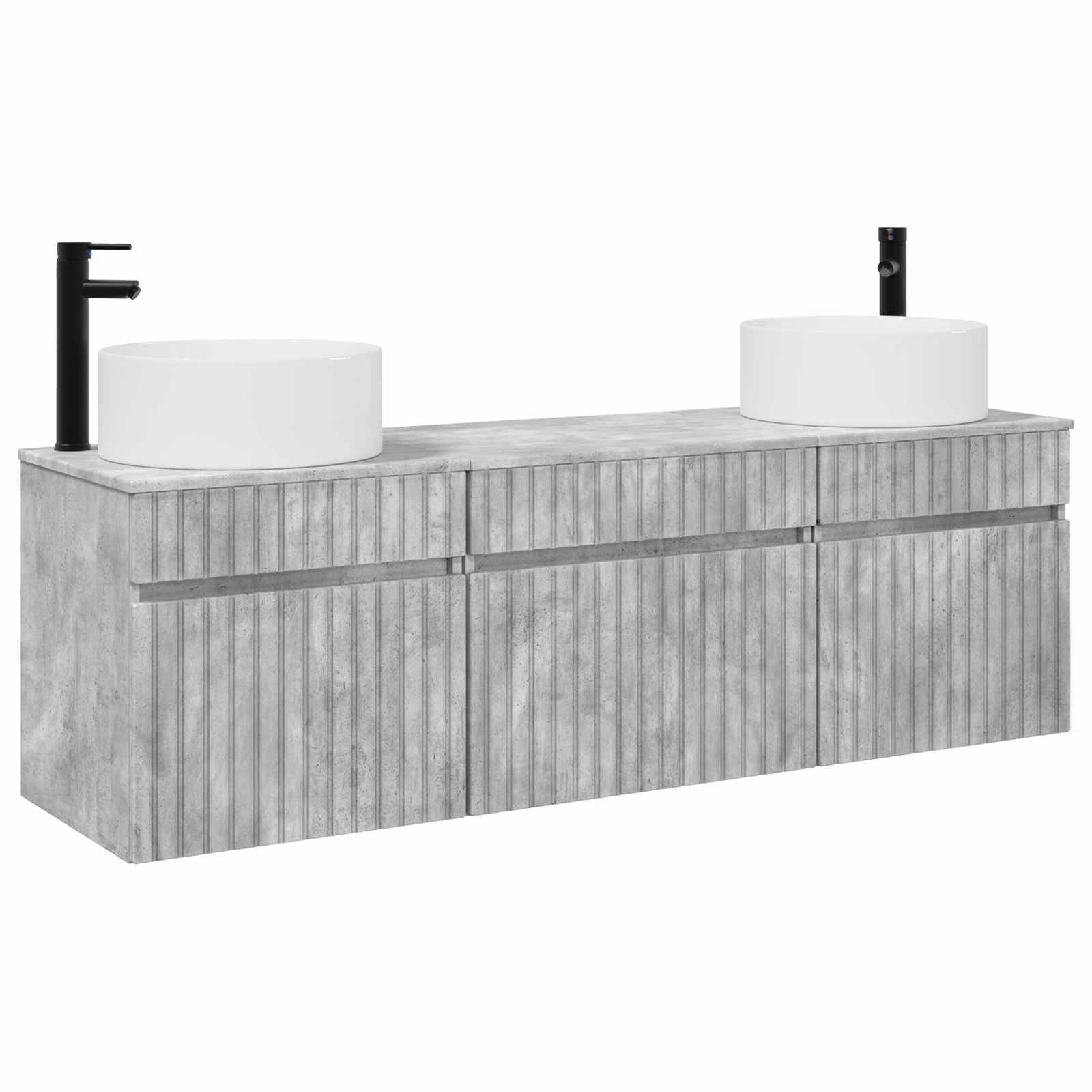 Schwebendes Waschtisch mit Doppelwaschbecken, grauer Holzmaserung-Schrank und zwei schwarze Armaturen auf weißem Hintergrund.