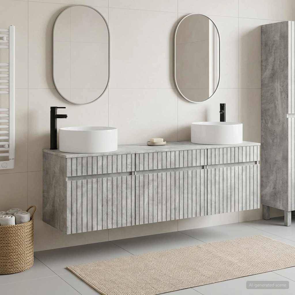 Modernes Badezimmer mit schwebendem Doppelwaschtisch, zwei Aufsatzwaschbecken, ovalen Spiegeln und hellen neutralen Oberflächen.
