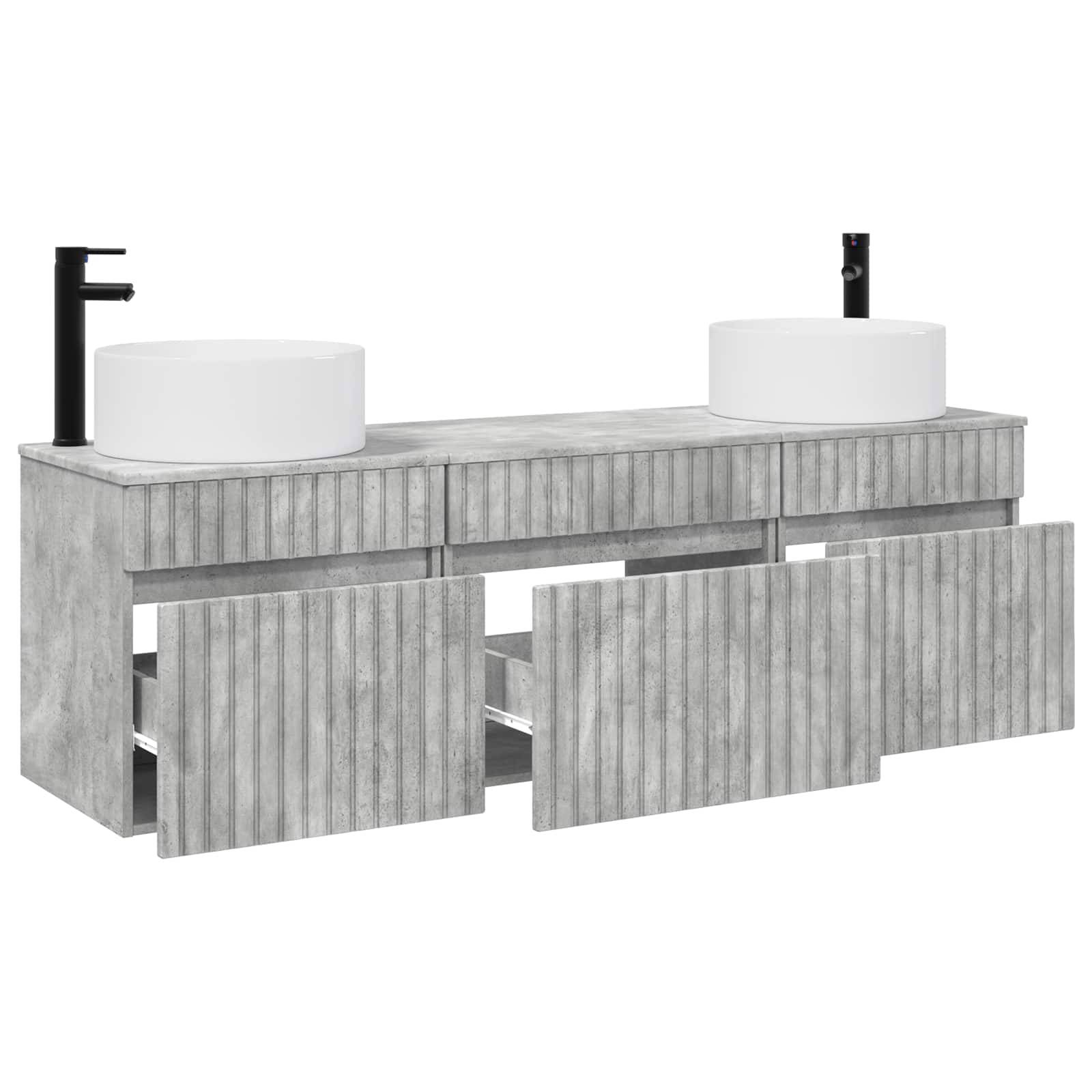 Modernes Badezimmerwaschbecken mit Doppelwaschbecken aus grauem Holz mit zwei runden weißen Becken, schwarzen Armaturen und offenen Unterablageregalen.