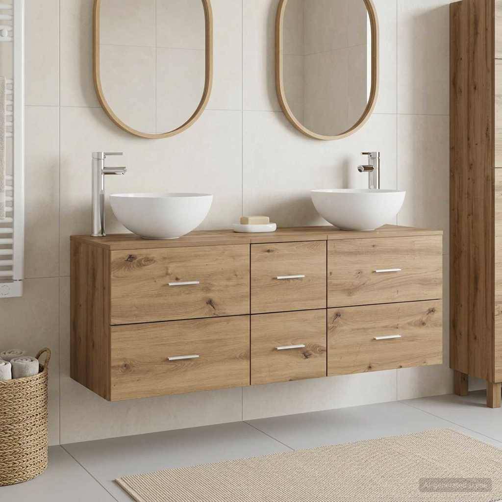 Modernes Badezimmer-Waschtisch mit zwei Aufsatzwaschbecken, Holzschrank und runden Spiegeln an einer gefliesten Wand.