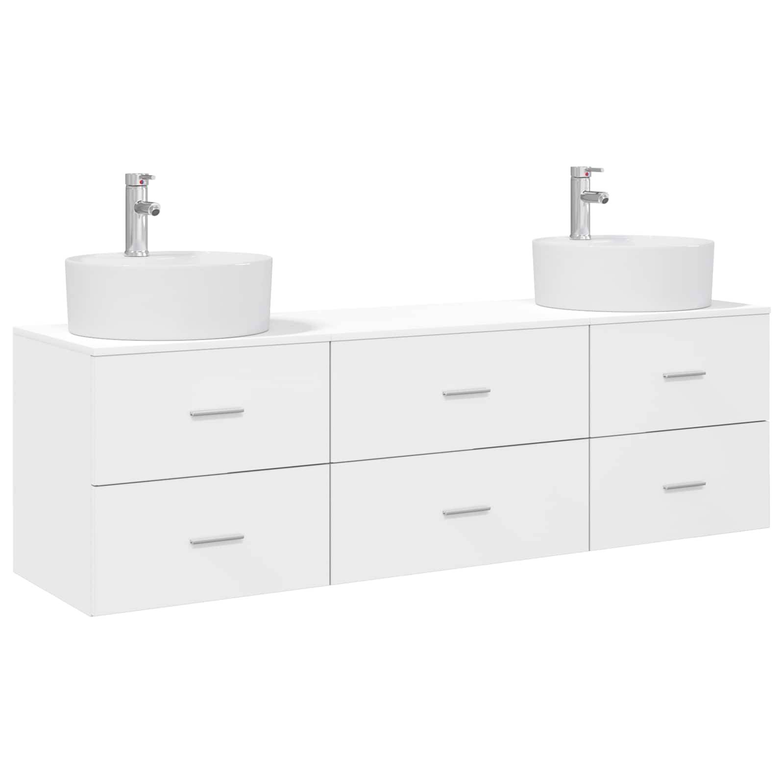 Weiße Doppelwaschbecken-Badezimmerkommode mit zwei runden Aufsatzwaschbecken, Chromarmaturen und sechs Schubladen auf einem schwebendem Schrank.