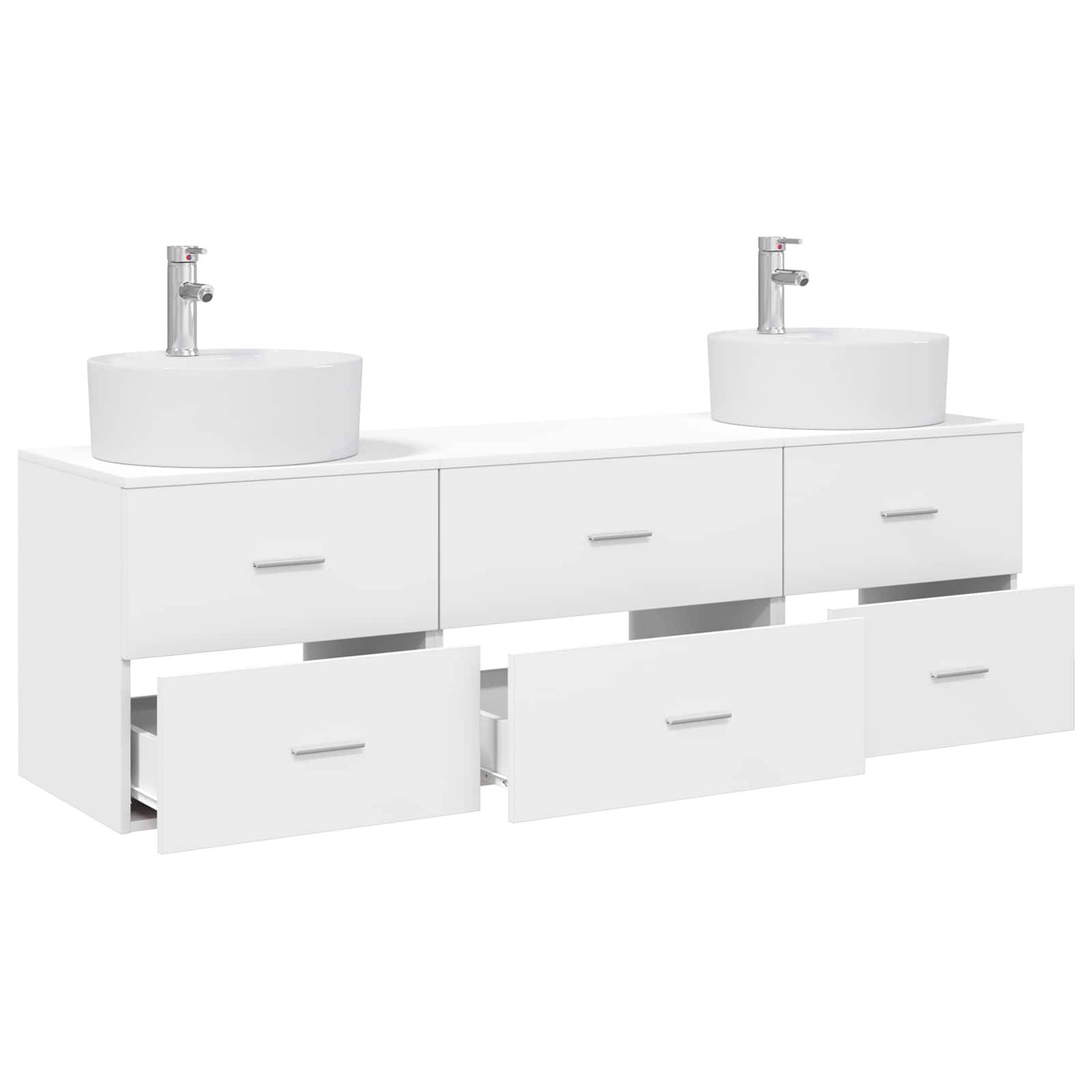 Weißes Badezimmer-Waschtischset mit doppeltem Waschbecken, zwei runden Becken, sechs Schubladen und modernen silbernen Armaturen auf weißem Hintergrund.