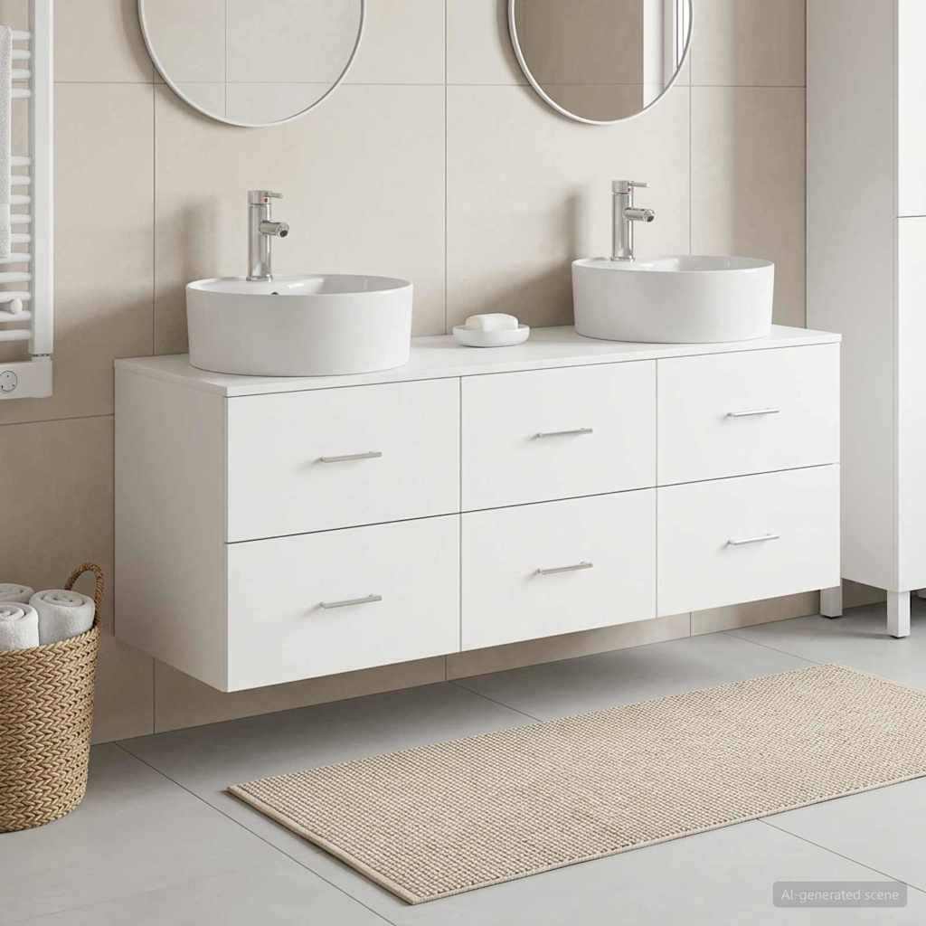 Modernes Badezimmerwaschtisch mit zwei runden Aufsatzwaschbecken, Doppelspiegeln und einem weißen Unterschrank mit sechs Schubladen vor gekachelten Wänden.