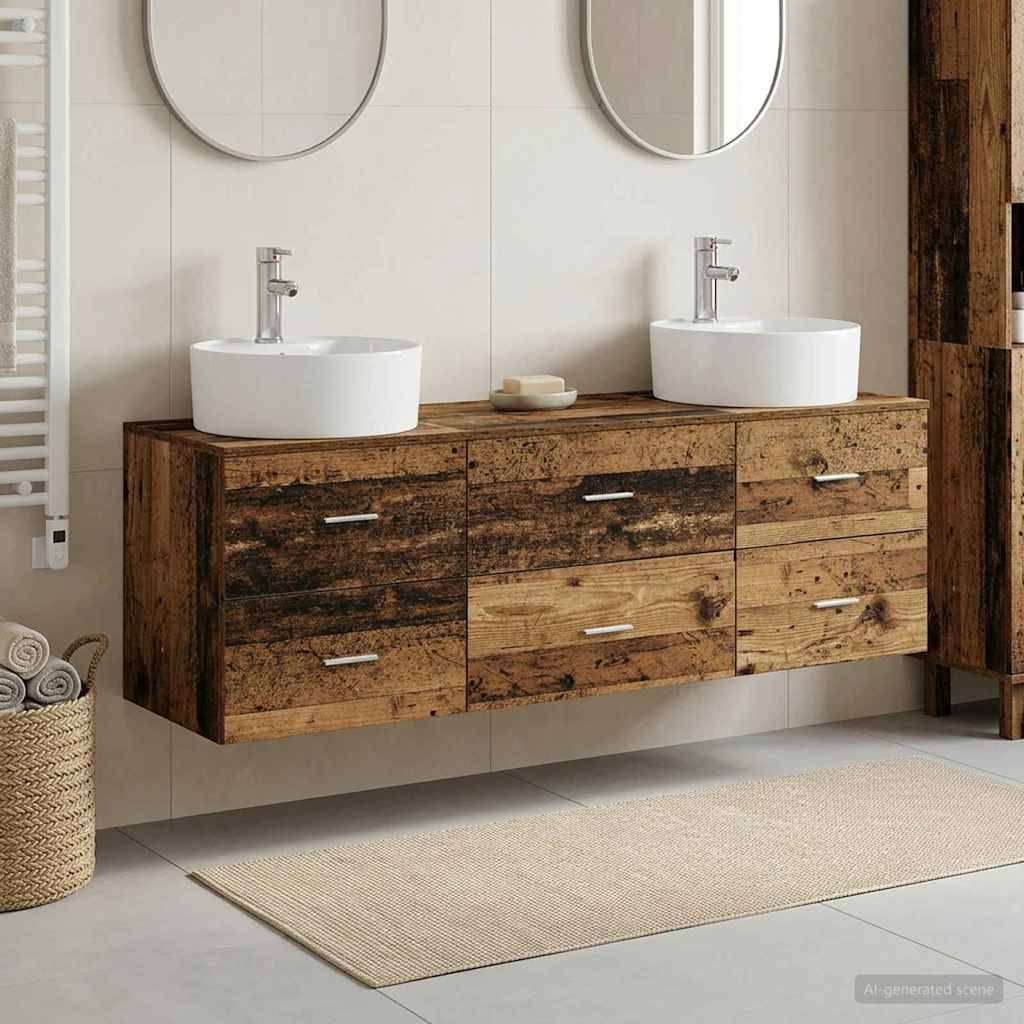 Modernes Badezimmer mit einer schwebendes rustikales Doppelwaschbecken aus Holz, zwei Aufsatzwaschbecken und runden Spiegeln an einer hellen gefliesten Wand.