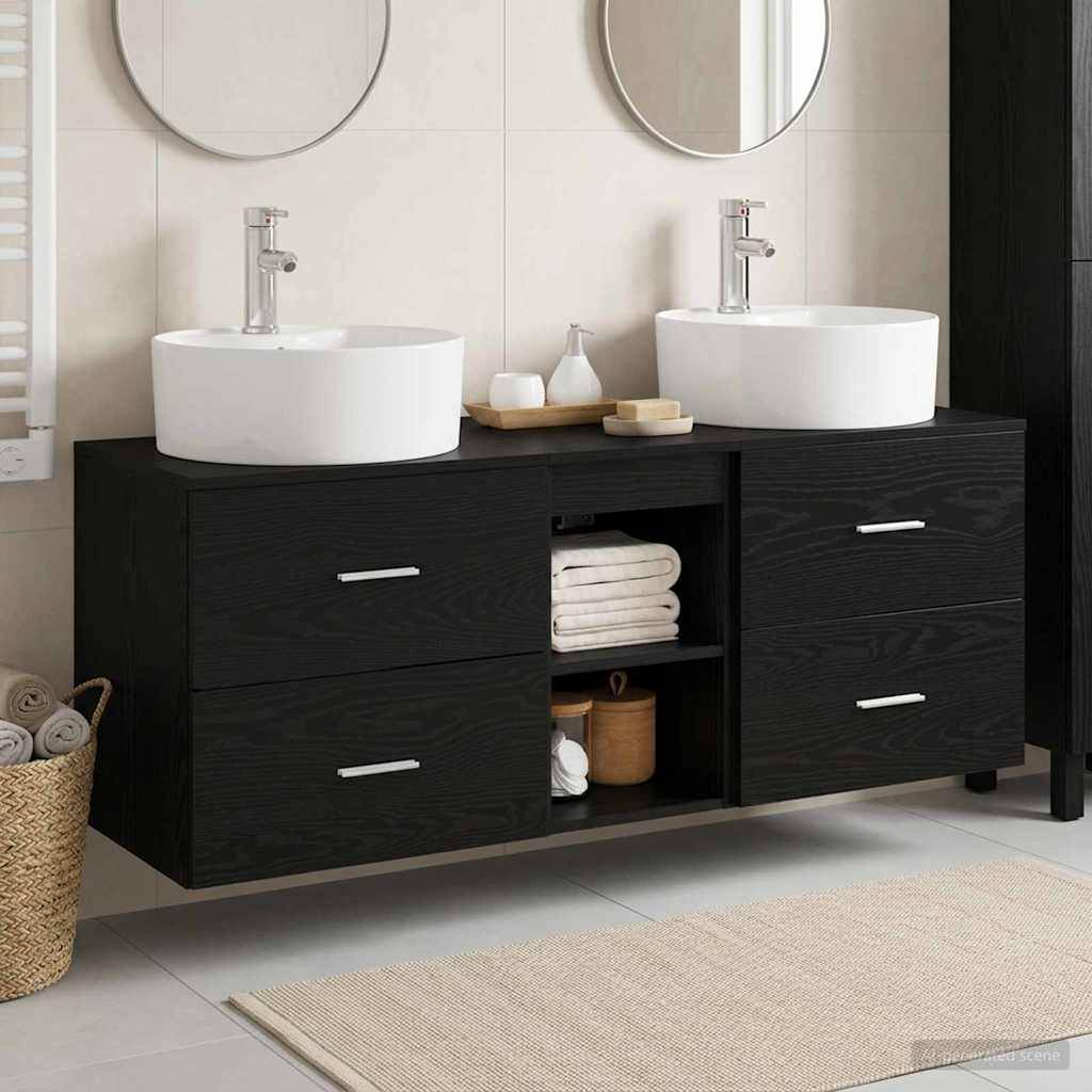 Modernes Badezimmermöbel mit zwei runden Aufsatzbecken, Armaturen, Spiegeln und dunklem Holzschrank mit Handtuch- und Toilettenartikellagerung.
