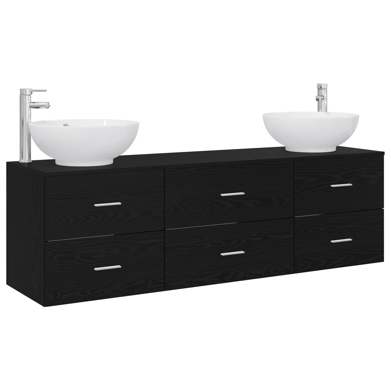 Schwarzes Doppelwaschbecken-Badezimmermöbel mit sechs Schubladen und zwei weißen Aufsatzwaschbecken, dargestellt auf weißem Hintergrund.