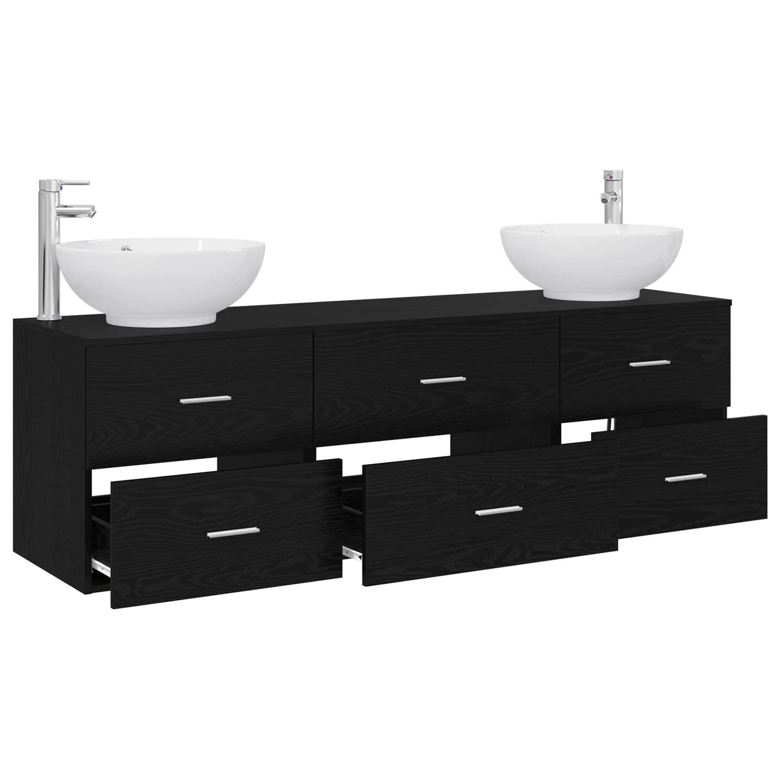 Schwarze Badezimmer-Doppelwaschtischanlage mit weißen Aufsatzwaschbecken und sechs Schubladen, dargestellt mit zwei Wasserhähnen auf weißem Hintergrund.