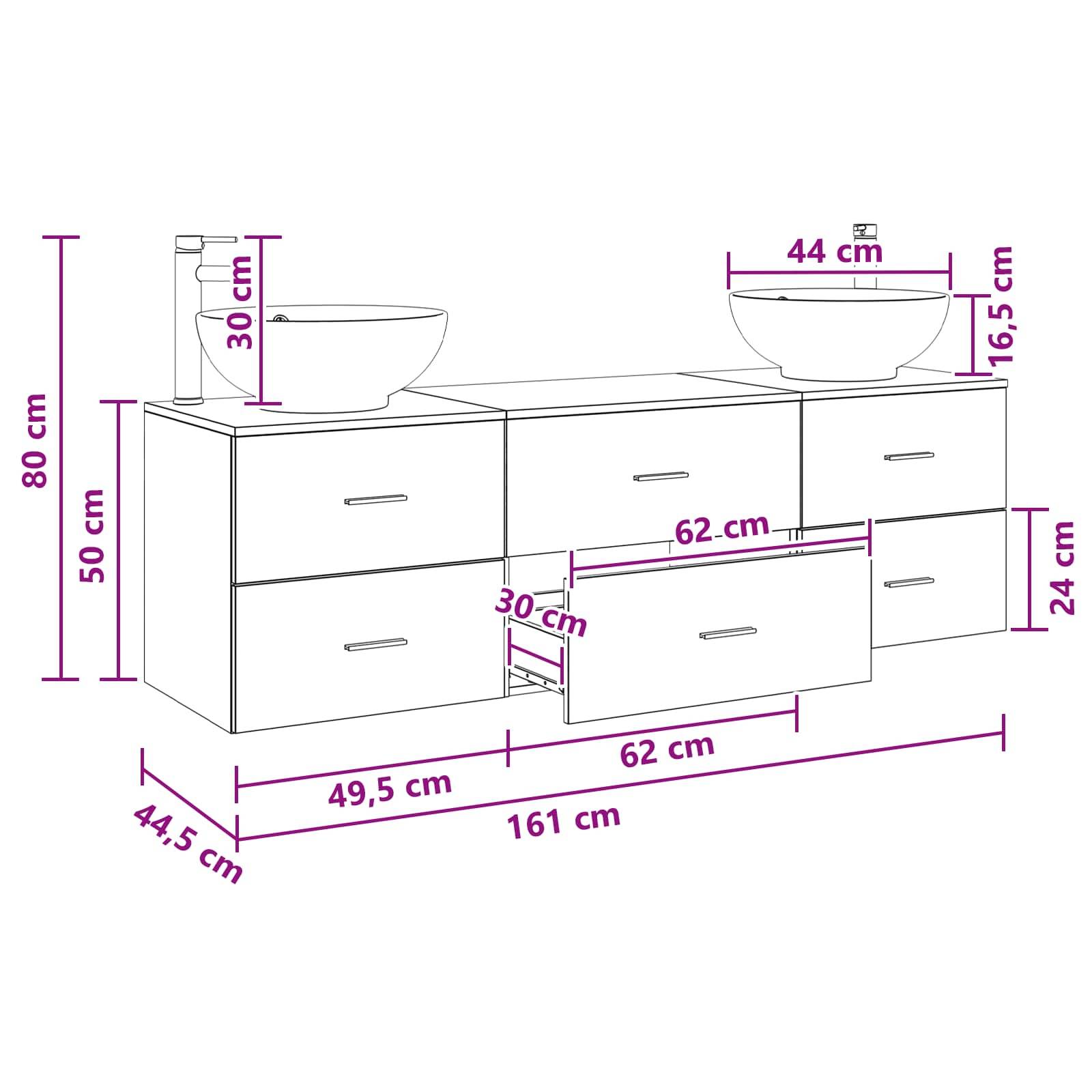 Technische Zeichnung eines Badezimmer-Doppelwaschtisches mit beschrifteten Abmessungen in cm: 161 cm breit, 44,5 cm tief, 80 cm hoch, mit Schubladen, Becken und Armaturenhöhen dargestellt.