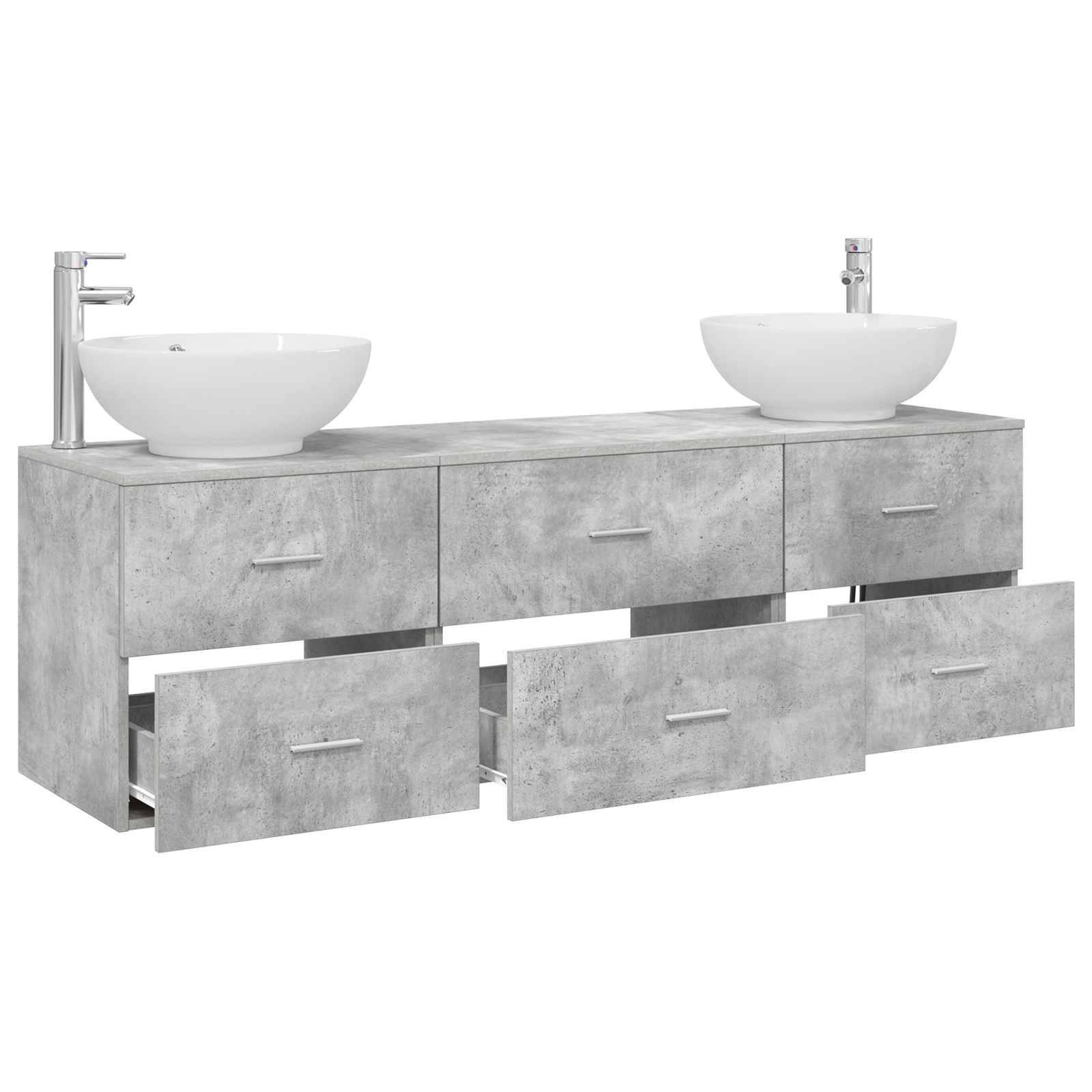 Doppelwaschbecken-Badezimmerkommode mit grauem betonähnlichem Schrank, zwei weißen Aufsatzwaschbecken und sechs Schubladen, abgebildet mit geöffneten unteren Schubladen.