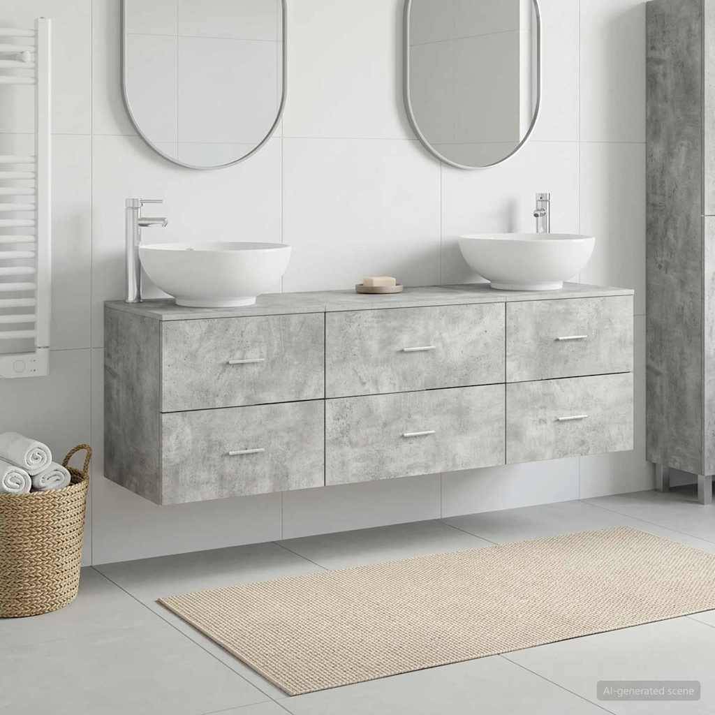 Modernes Badezimmer mit schwebendem Beton-Doppelwaschtisch, zwei ovalen Spiegeln, beigem Teppich und Handtuchkorb.