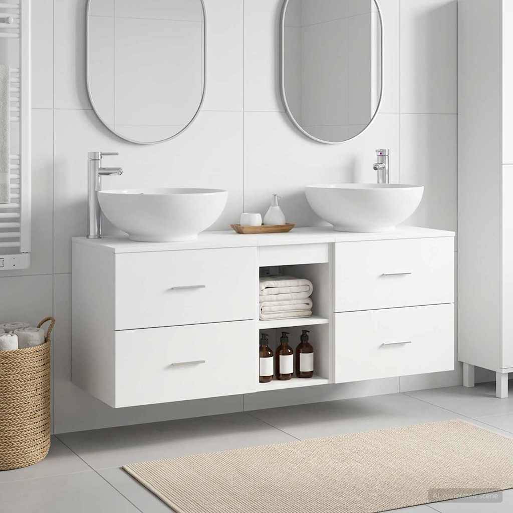Modernes weißes Badezimmerwaschbecken mit zwei Spülbecken, zwei ovalen Spiegeln, Schubladen, offenen Regalen und Arbeitsplatzlagerung in einem hell gefliesten Badezimmer.