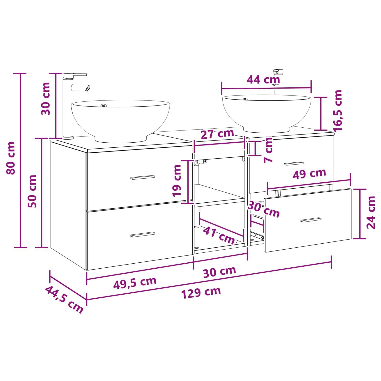 Diagramm eines Doppelwaschbecken-Waschtisches mit Schubladen und Regalen, das die Gesamtabmessungen und Maße für die Einheit und Becken zeigt.