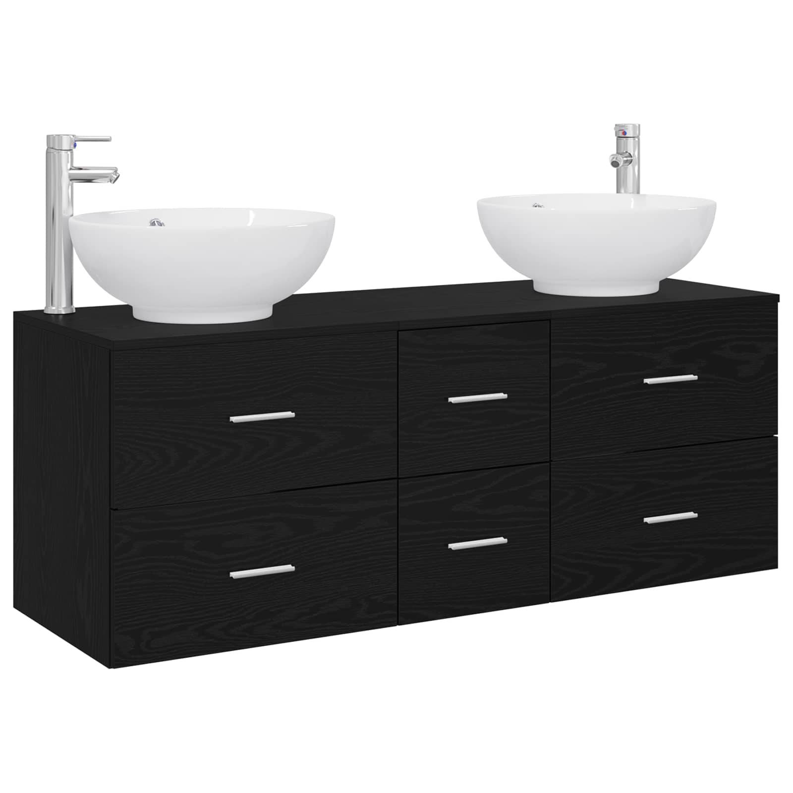 Schwarzes Badezimmerwaschtisch mit Doppelwaschbecken, sechs Schubladen und zwei weißen Aufsatzwaschbecken, jeweils mit Chromarmatur.