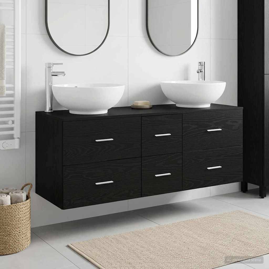 Modernes Badezimmerelement mit zwei weißen Aufsatzwaschbecken und Armaturen auf einem schwarzen Schrank, vor einer weißen gekachelten Wand mit ovalen Spiegeln.
