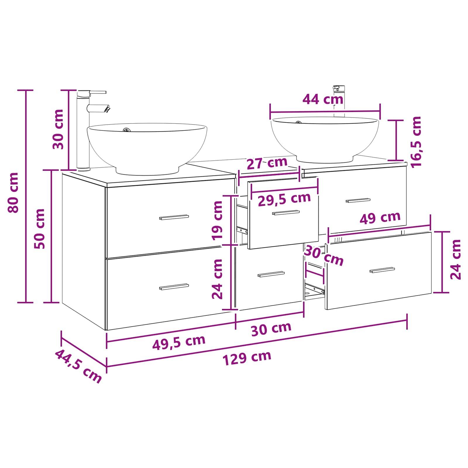 Maßgezeichnetes Badezimmerwaschtisch mit zwei Aufsatzwaschbecken und Schubladenschrank, Darstellung des Schrankaufbaus und Maße in Zentimetern: 129 cm breit, 44,5 cm tief, 80 cm hoch.