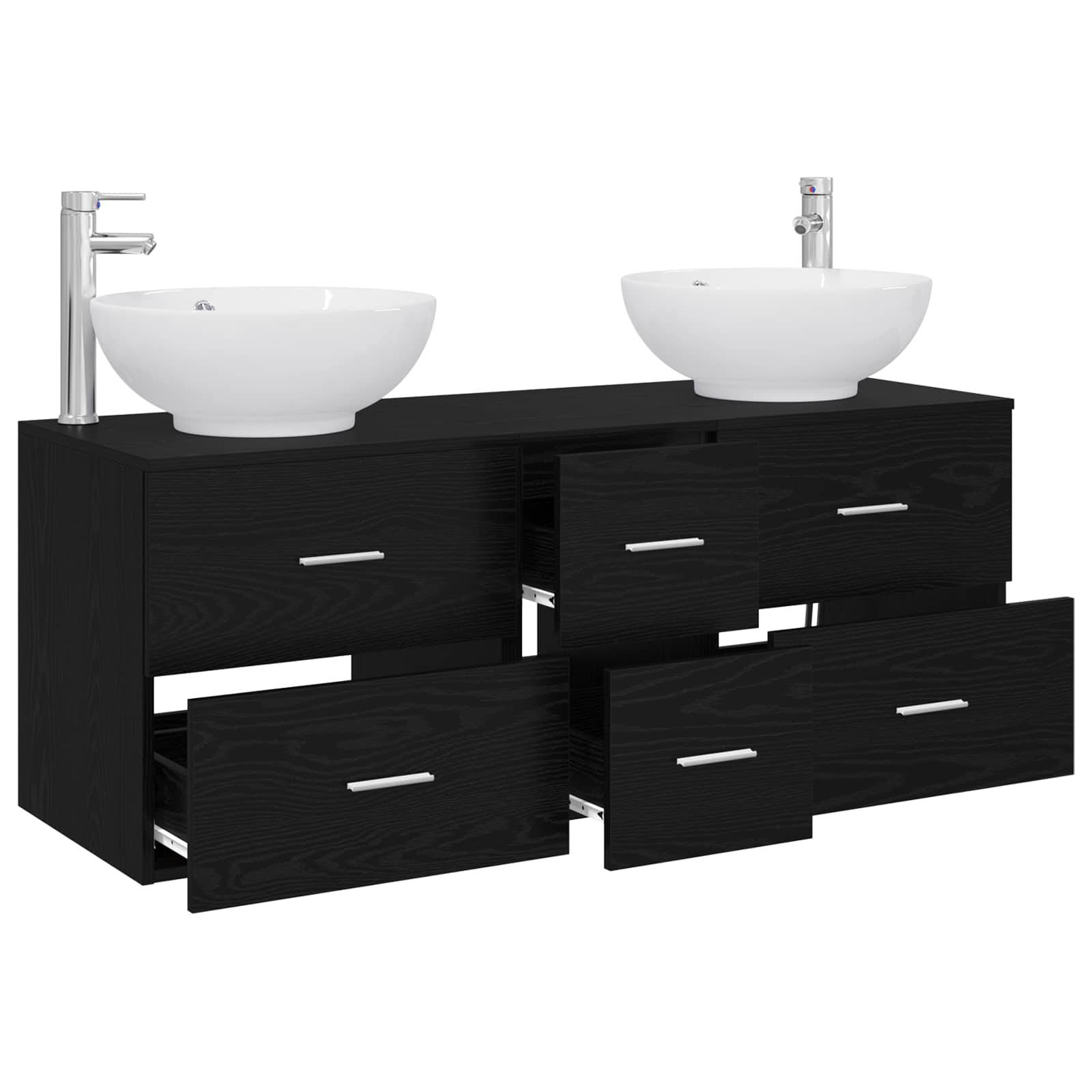 Schwarzes doppeltes Badezimmer-Waschtisch mit zwei weißen Aufsatzwaschbecken, vier Schubladen offen, um den Stauraum zu zeigen.