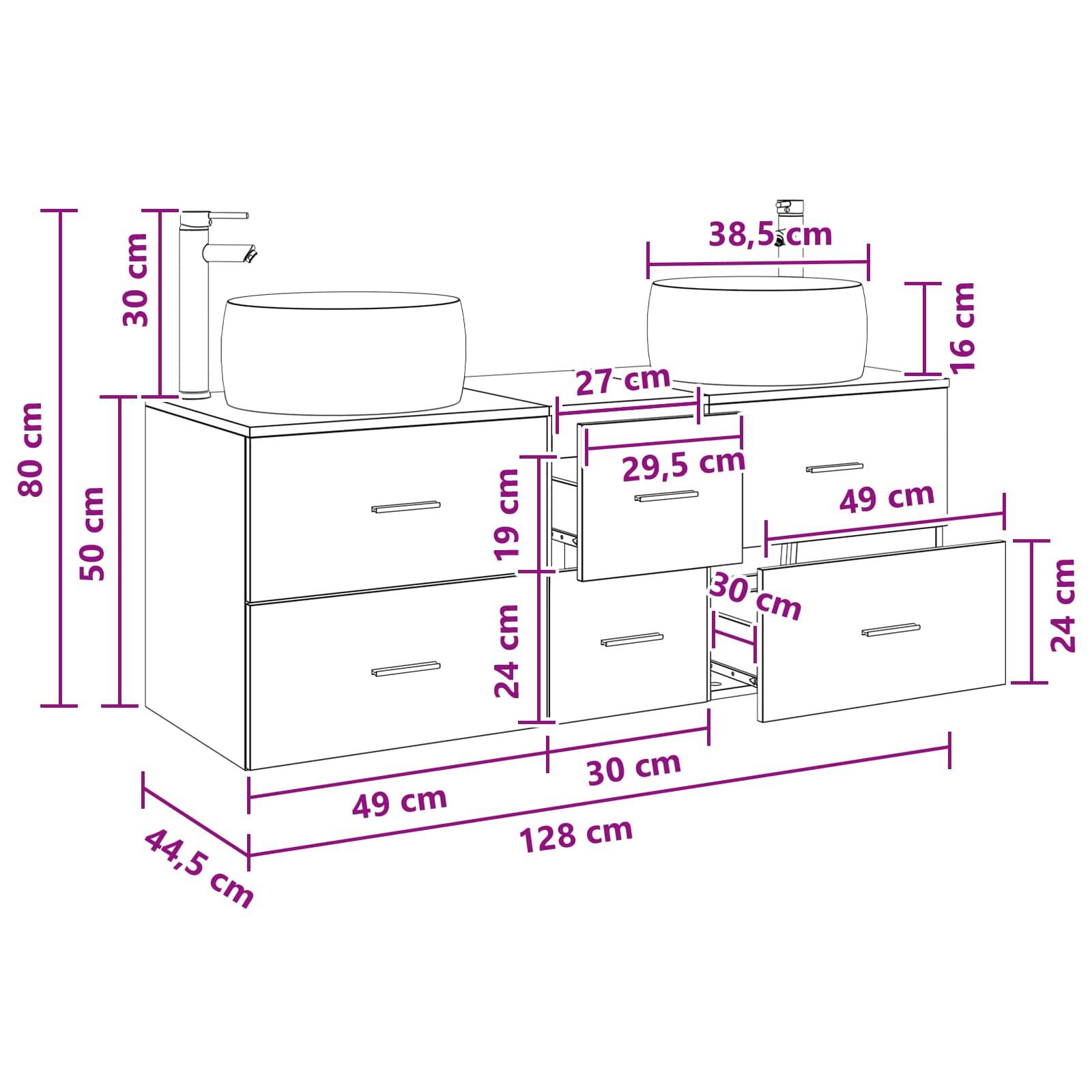 Dimensionierter Badezimmer-Waschtischschrank mit zwei Aufsatzwaschbecken und Schubladen/Türen, zeigt Gesamtgröße 128 cm breit, 44,5 cm tief, 80 cm hoch und Schranköffnungsmaße.