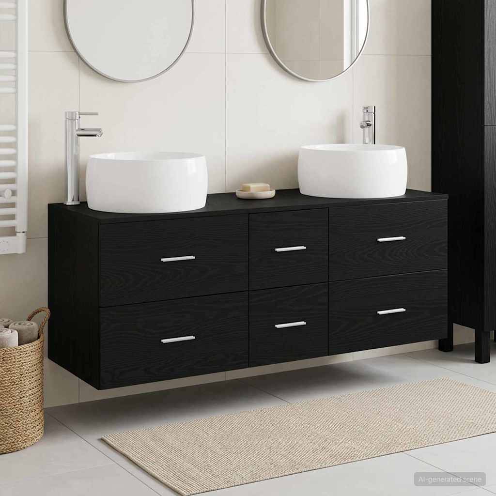 Modernes Badezimmermöbel mit doppelten Aufsatzwaschbecken, schwarzen Schrankschubladen, Chromarmaturen und runden Spiegeln.
