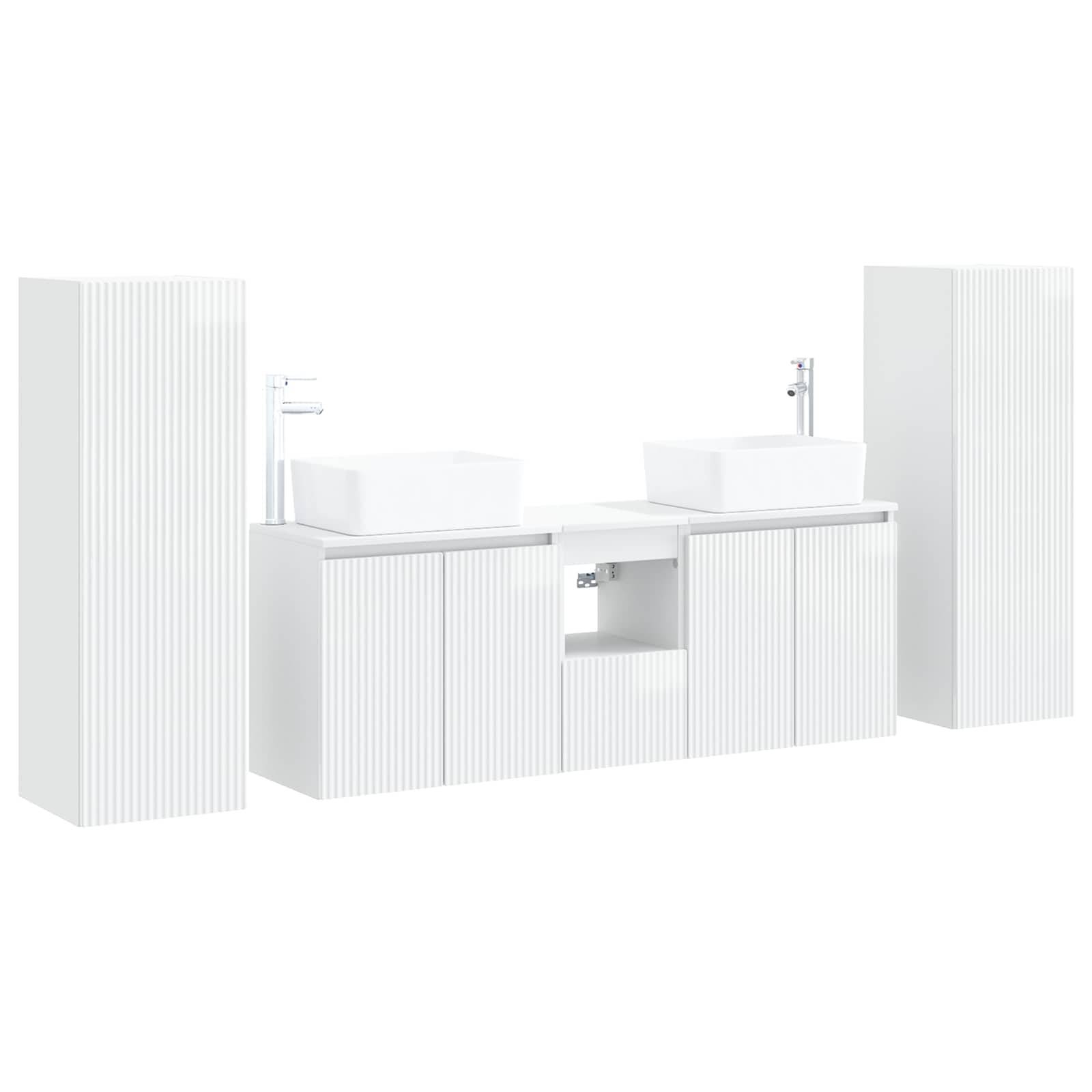 Weißes modernes Badezimmer-Waschtischset mit zwei rechteckigen Waschbecken, zentralem offenen Regal und hohen Schranken auf beiden Seiten.