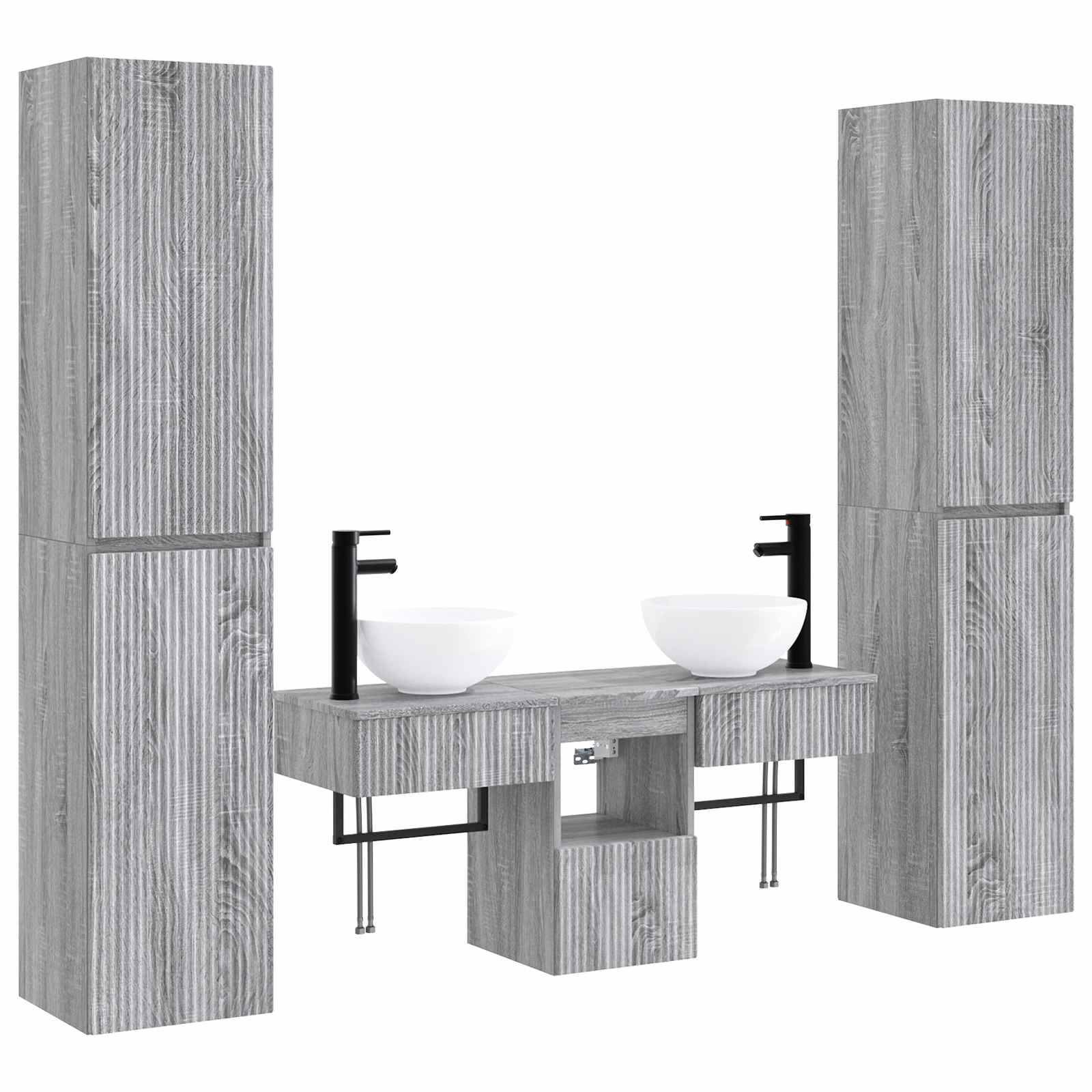 Moderner grauer Holzbadezimmerschrank-Set mit zwei hohen Schränken, dualen Aufsatzwaschbecken und schwarzen Armaturen auf weißem Hintergrund.