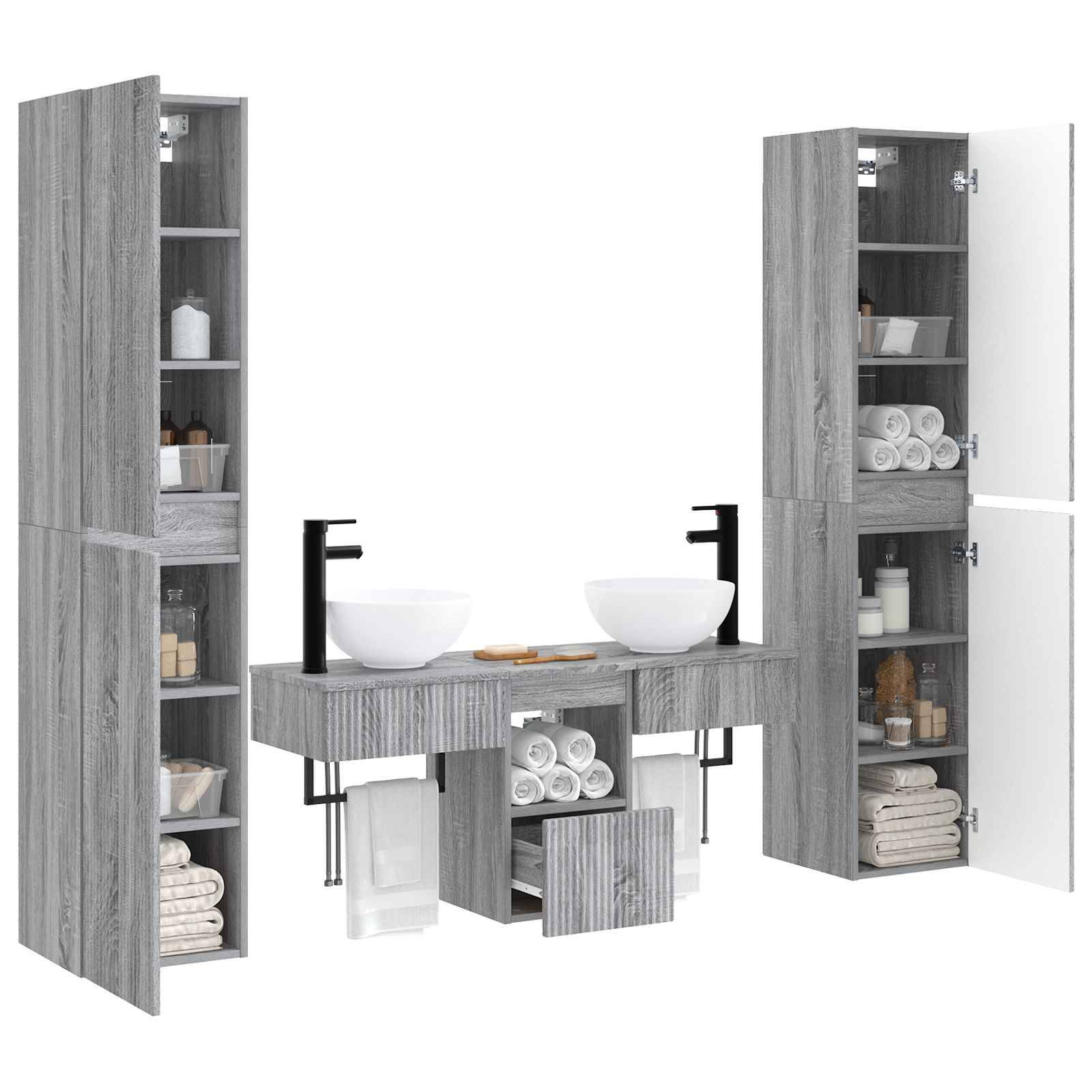 Graue Badezimmervanidat mit zwei Waschbecken, zwei Spiegeln, Seitenschränken, Schubladen und Regalen mit Handtüchern und Toilettenartikeln auf weißem Hintergrund.