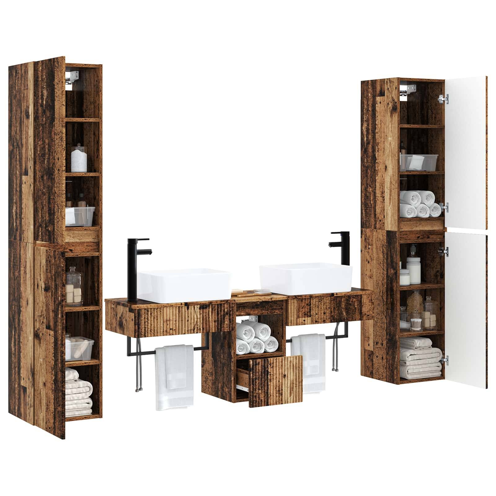 Badezimmermöbel-Set mit zwei Waschbecken, schwarzen Armaturen, zentralen Schubladen zur Aufbewahrung und passenden hohen Holzschränken mit offenen Regalen und Handtüchern.