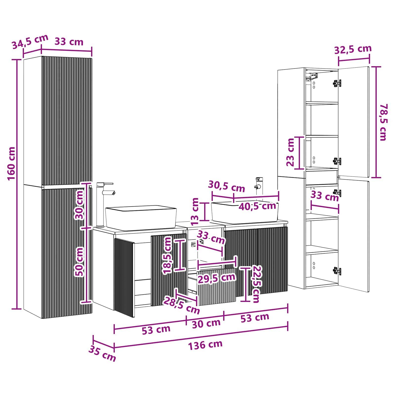 Möbelmessdiagramm mit einem hohen Schrank, einer Waschtischeinheit, einem niedrigen Schrank und einem Wandschrank mit beschrifteten Maßen in Zentimetern.