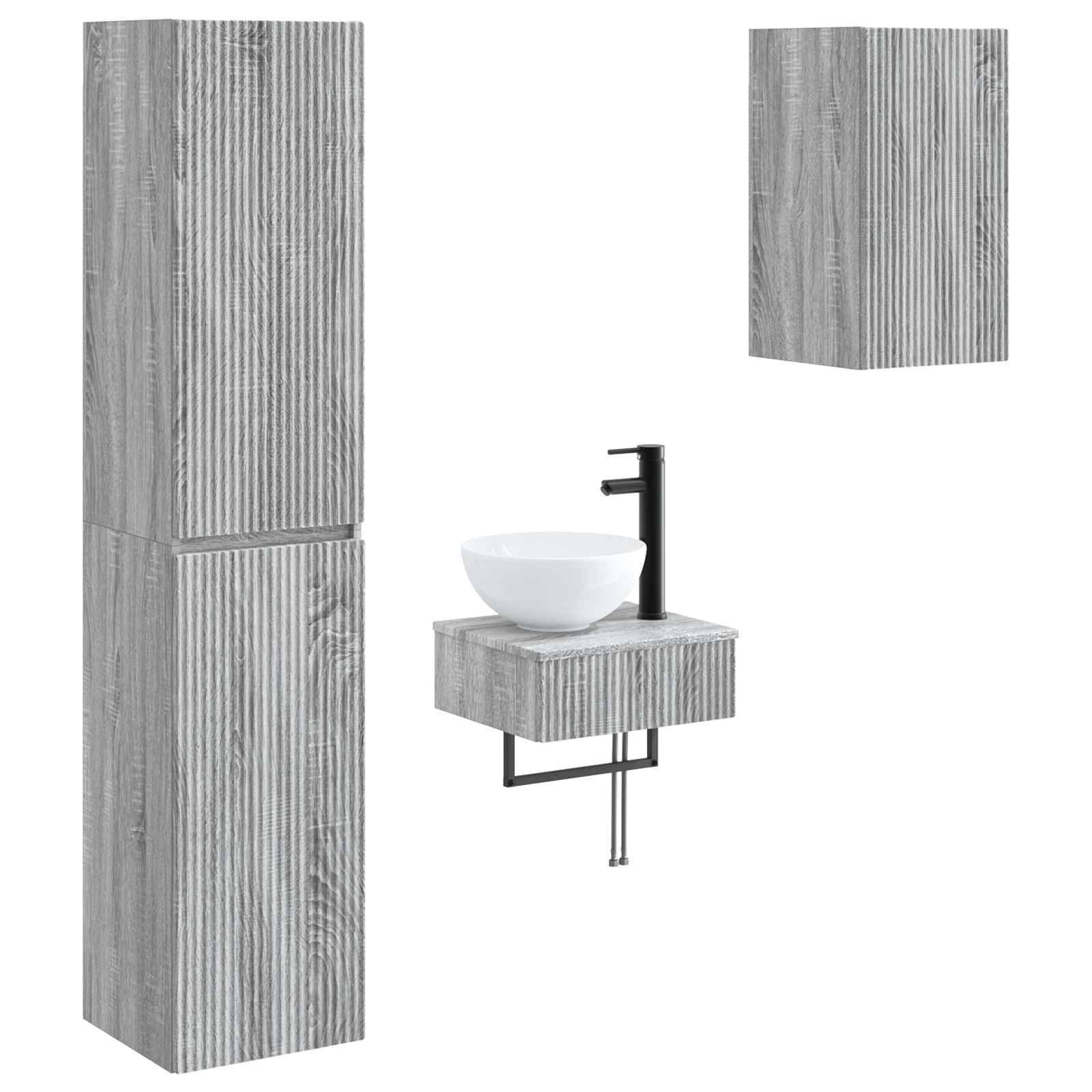 Grauer Badezimmer-Waschtisch-Set mit Holzmaserung, hohem Schrank, schwebendem Waschbeckenschrank, schwarzem Wasserhahn und Wandschrank auf weißem Hintergrund.