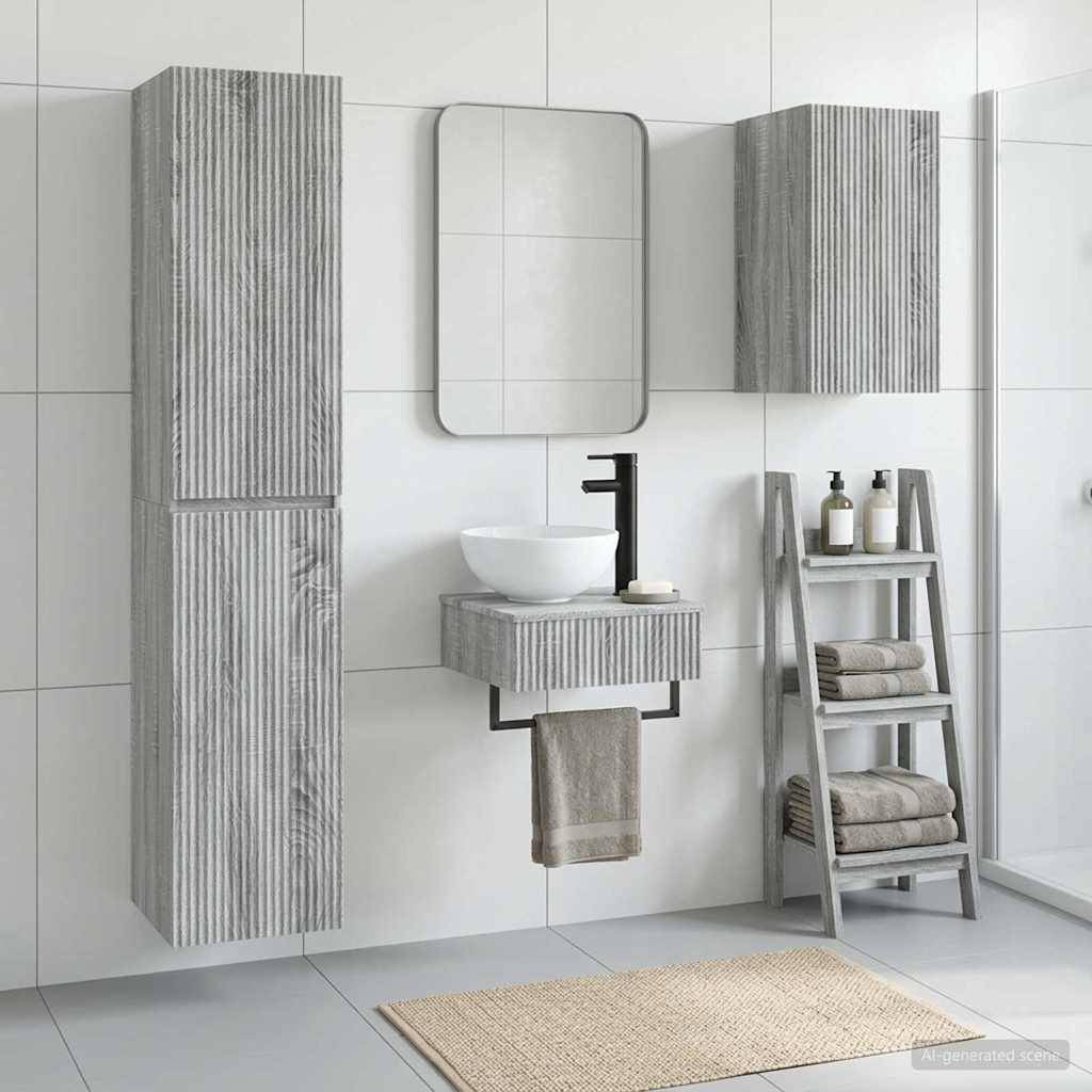 Modernes minimalistisches Badezimmer mit an der Wand montiertem Waschbecken, Spiegelschrank, Handtucher­regal und Leiterständer, der Handtücher und Toilettenartikel hält.