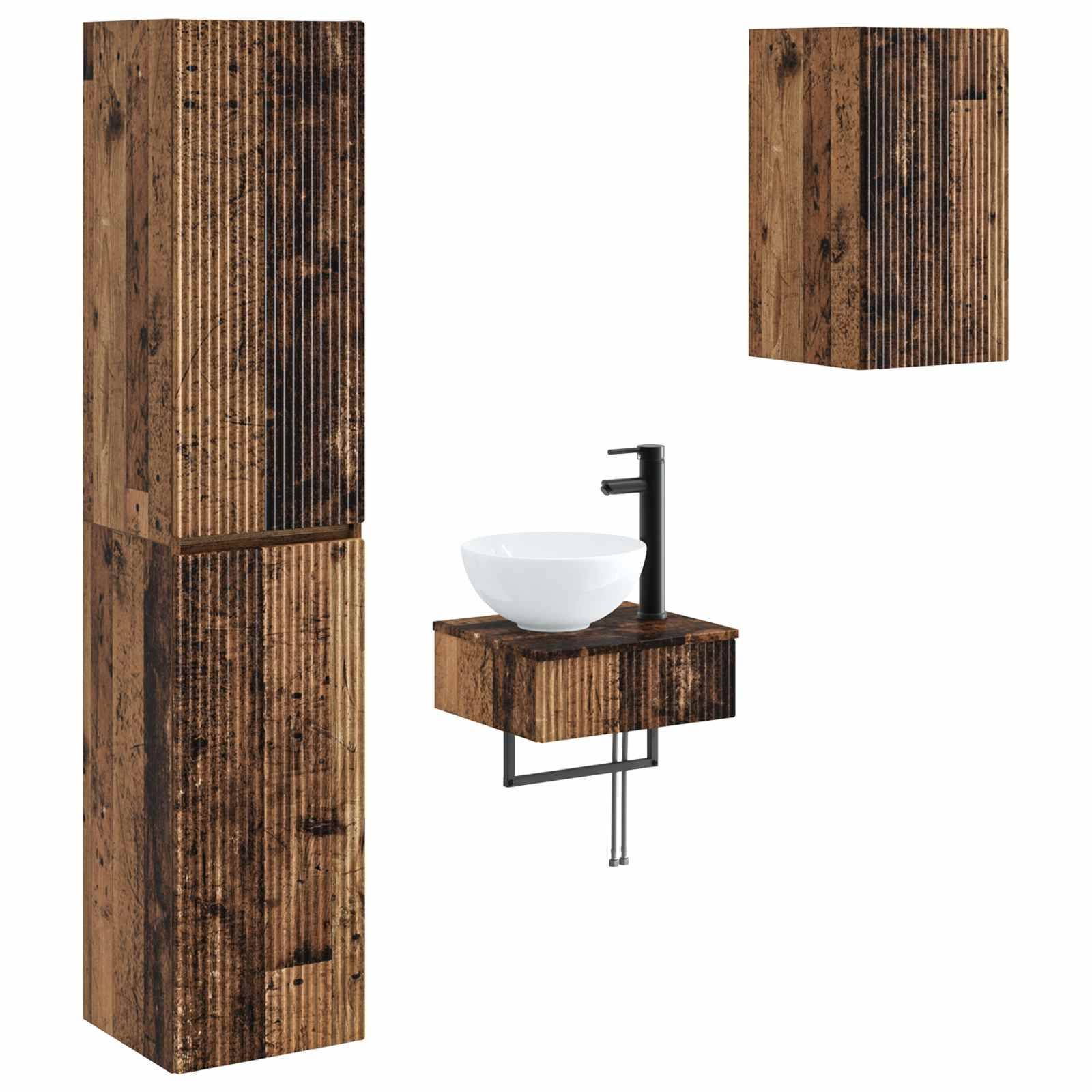 Rustikales Badezimmer-Waschtischset aus Holz mit hohem Schrank, Wandschrank und schwebendem Waschtisch mit weißem Becken und schwarzem Wasserhahn.