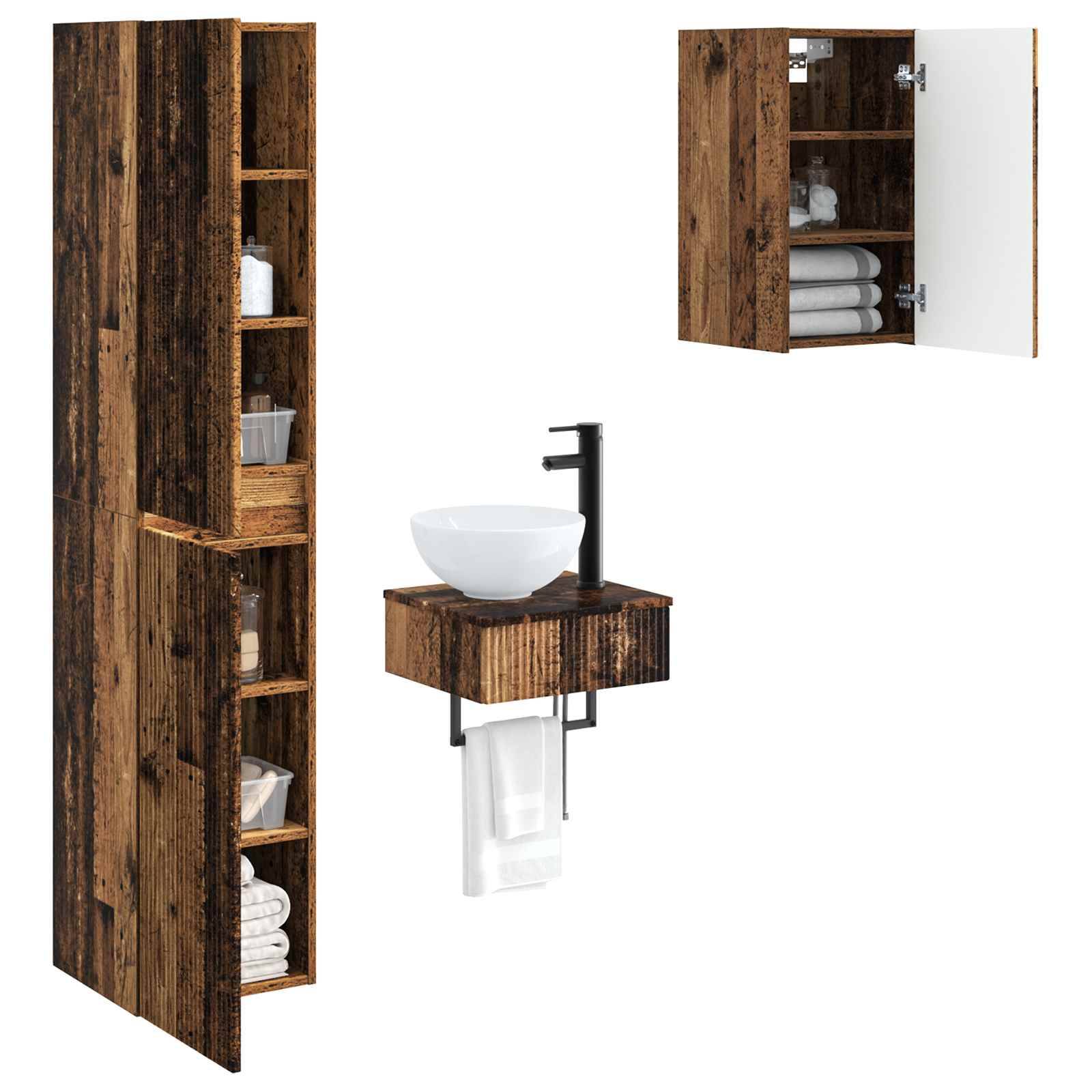 Rustikales Badezimmermöbel-Set aus Holz mit hohem Schrank, Wandschrank und Waschbeckeneinheit mit schwarzem Wasserhahn auf weißem Hintergrund.