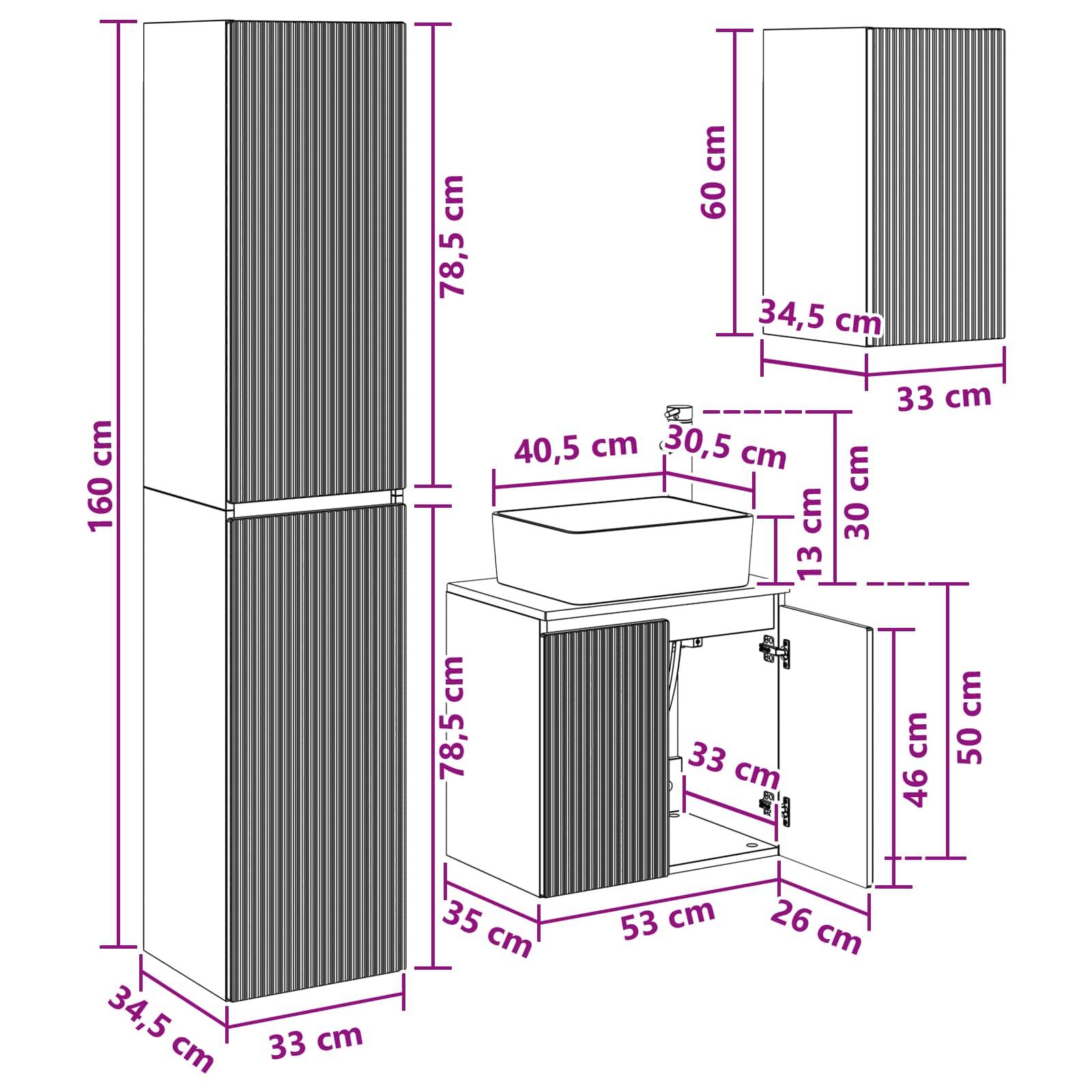 Diagramm eines hohen Zweitürenschranks mit Spüle und Abmessungen, die die zusammengesetzte Größe von 160 cm Höhe mal 34,5 cm Tiefe und 33 cm Breite zeigen, sowie Komponentenabmessungen für Schrank und Becken.