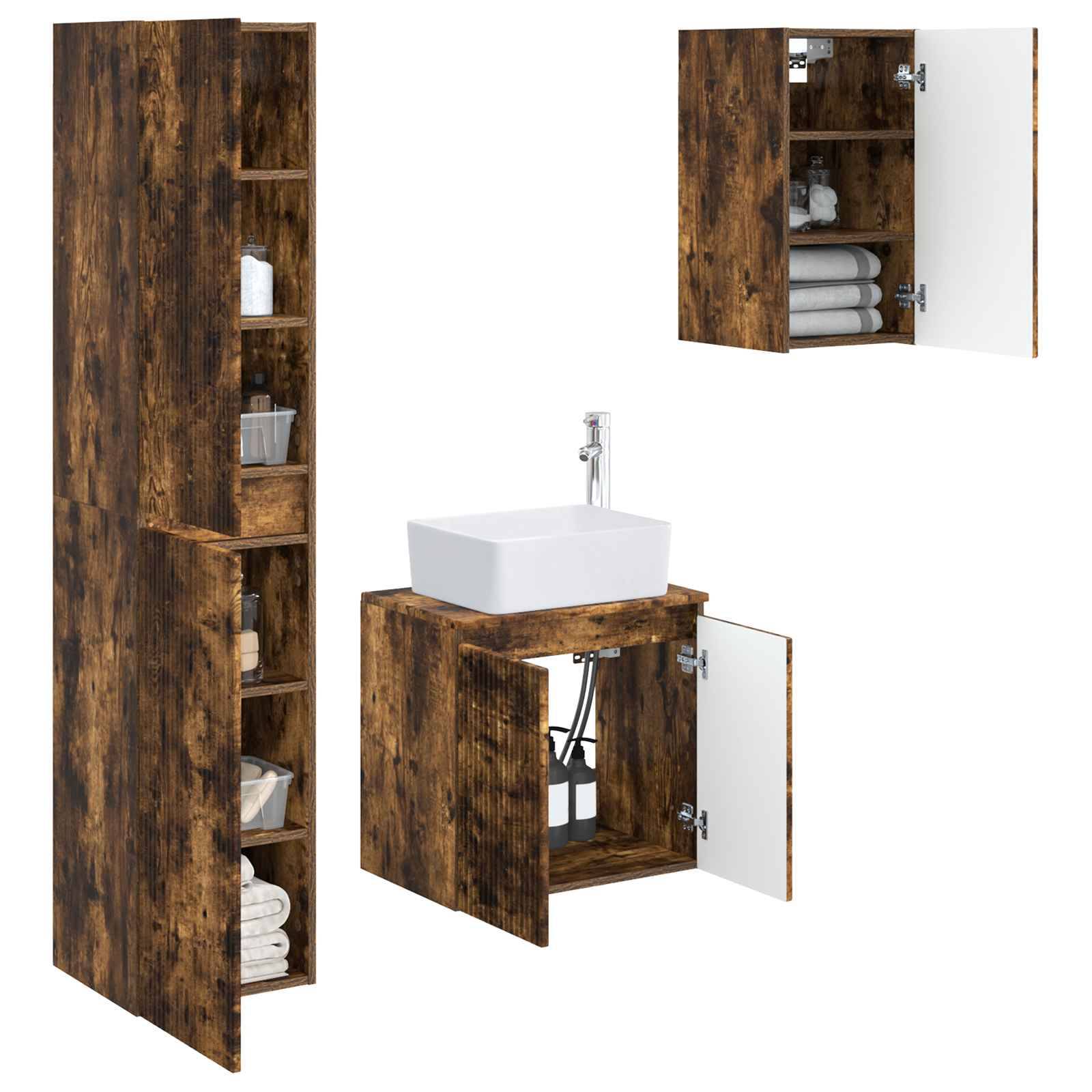 Rustikales Badezimmer-Schrankset aus Holz mit Waschbecken, Wandschrank und hohem Lagerschrank, geöffnet, um Regale und Handtücher zu zeigen.