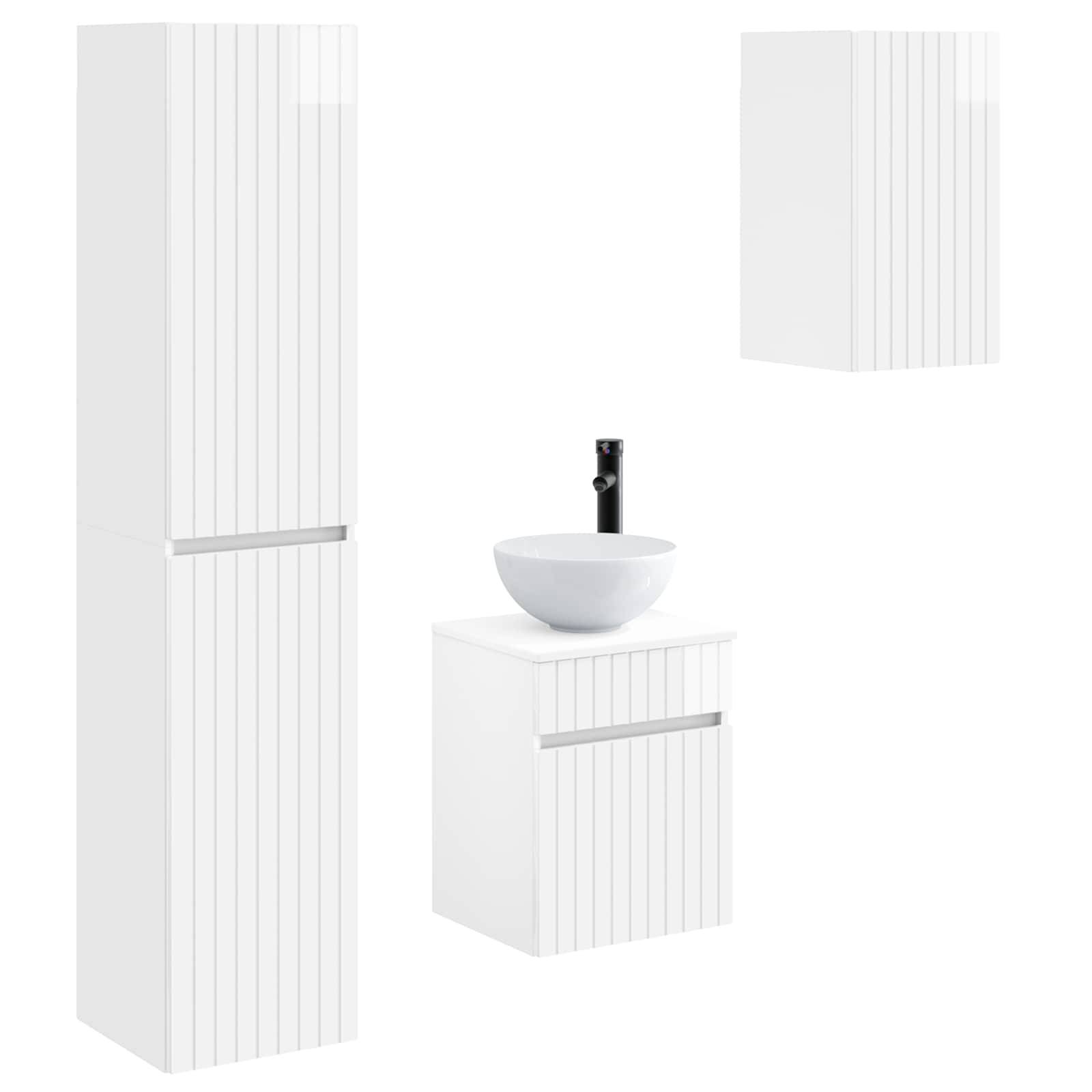 Weißes Badezimmer-Waschbecken-Set mit hohem Schrank, Wandschrank und Waschbecken-Einheit mit rundem Becken und schwarzem Wasserhahn, gezeigt auf weißem Hintergrund.