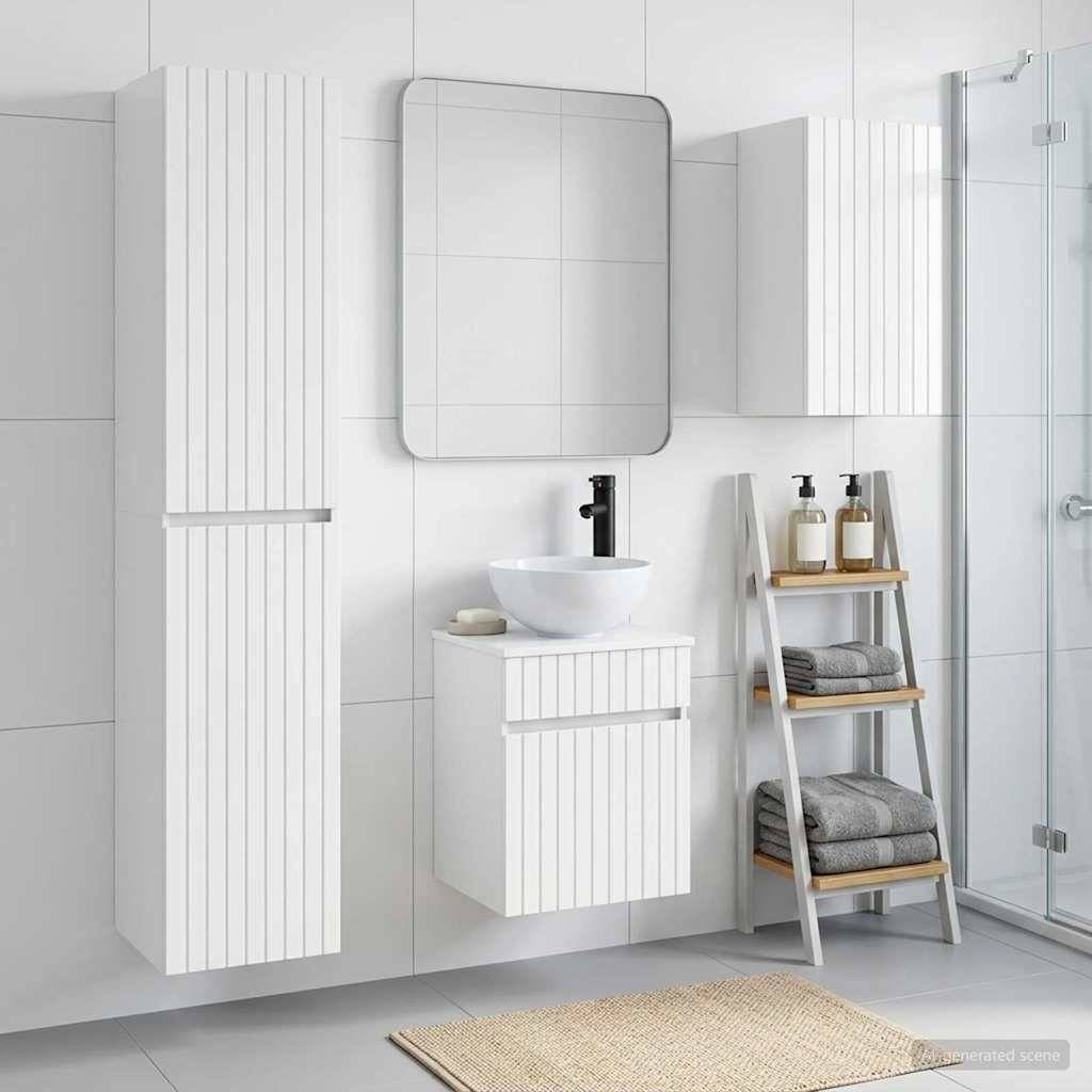Modernes weißes Badezimmer mit an der Wand montiertem Waschtisch, rundem Waschbecken, Spiegelschrank, hohem Stauraumbschrank und Handtuchregal neben einer Glasdusche.