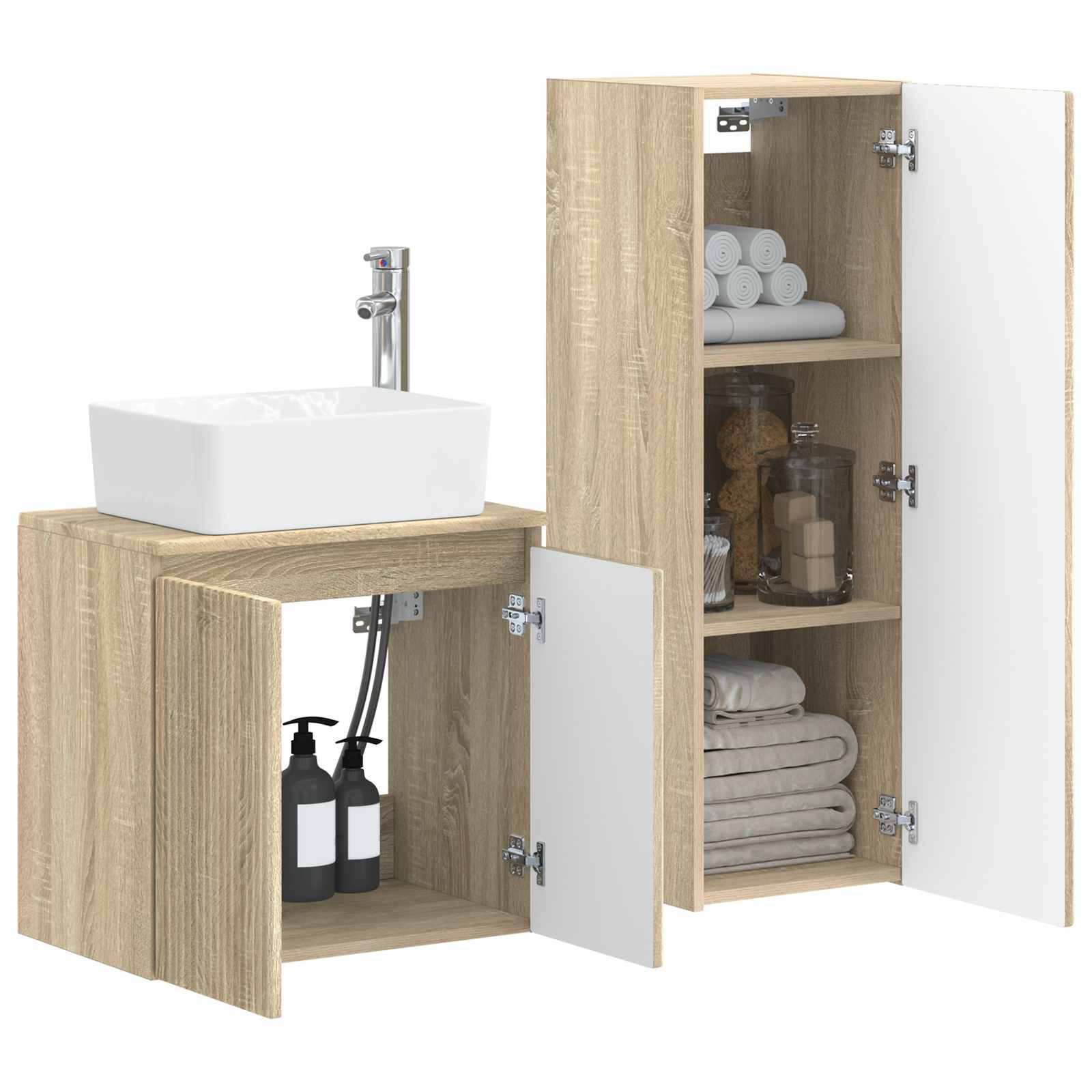 Badezimmer-Waschtischunterschränke mit offenen Türen, die ein Waschbecken, einen Wasserhahn und organisierte Regale für Handtücher, Gläser und Toilettenartikel zeigen.