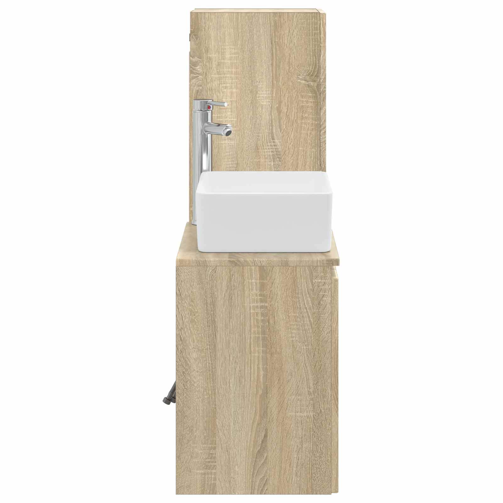 Modernes Holz-Waschtisch mit rechteckigem weißem Aufsatzwaschbecken und Chromarmatur auf einem hohen Unterschrank vor einer passenden Holzrückwand.