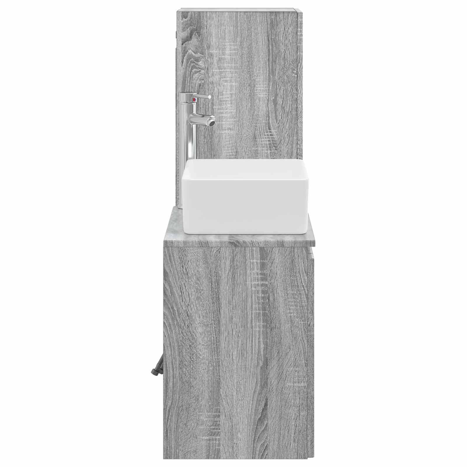 Kompakte graue Waschtischanlage mit Holzmaserung, weißem Aufsatzwaschbecken und Chromarmatur vor einer passenden Rückwand.