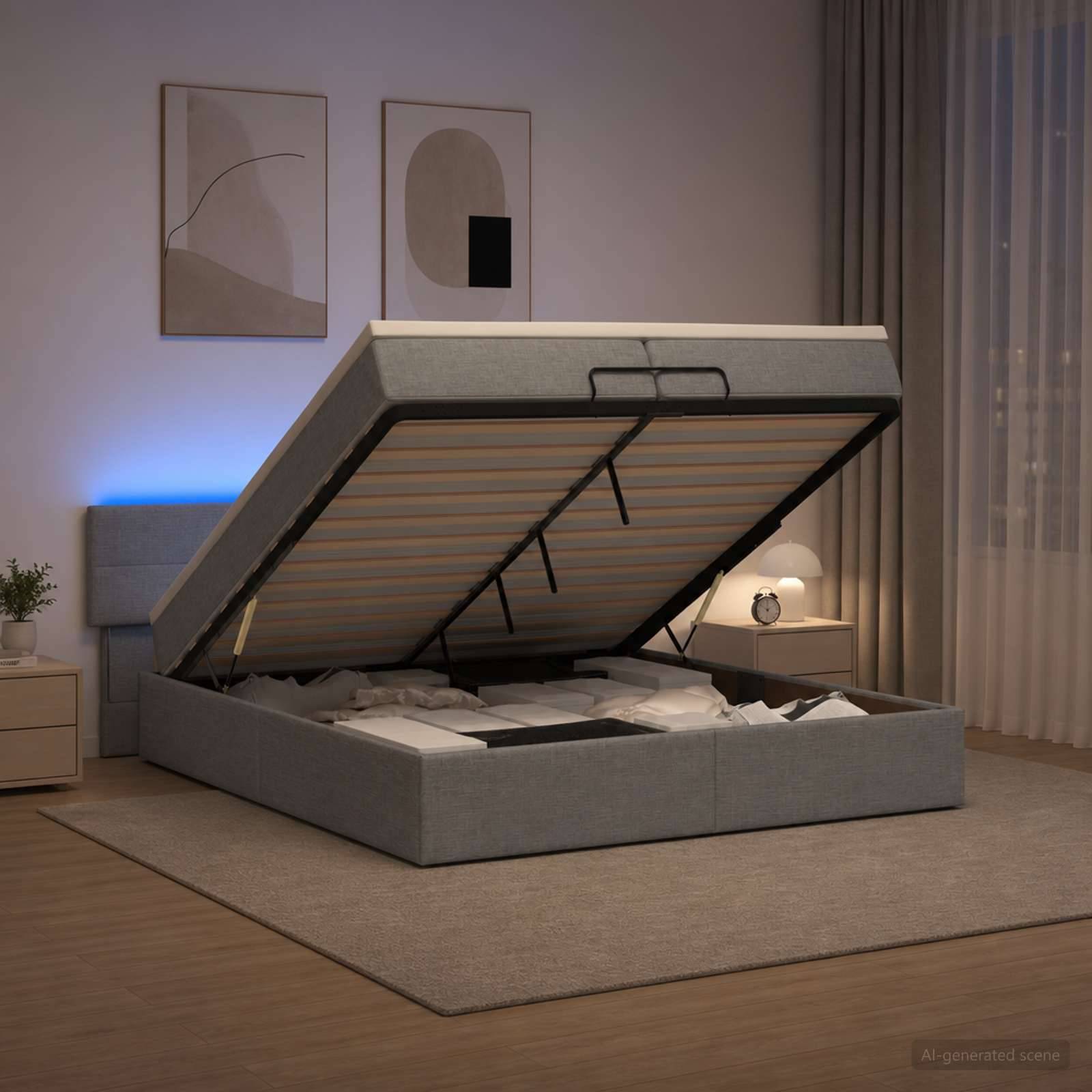 vidaXL Ottoman-Bett mit Matratze und LED Hellgrau 200 x 200 cm Stoff