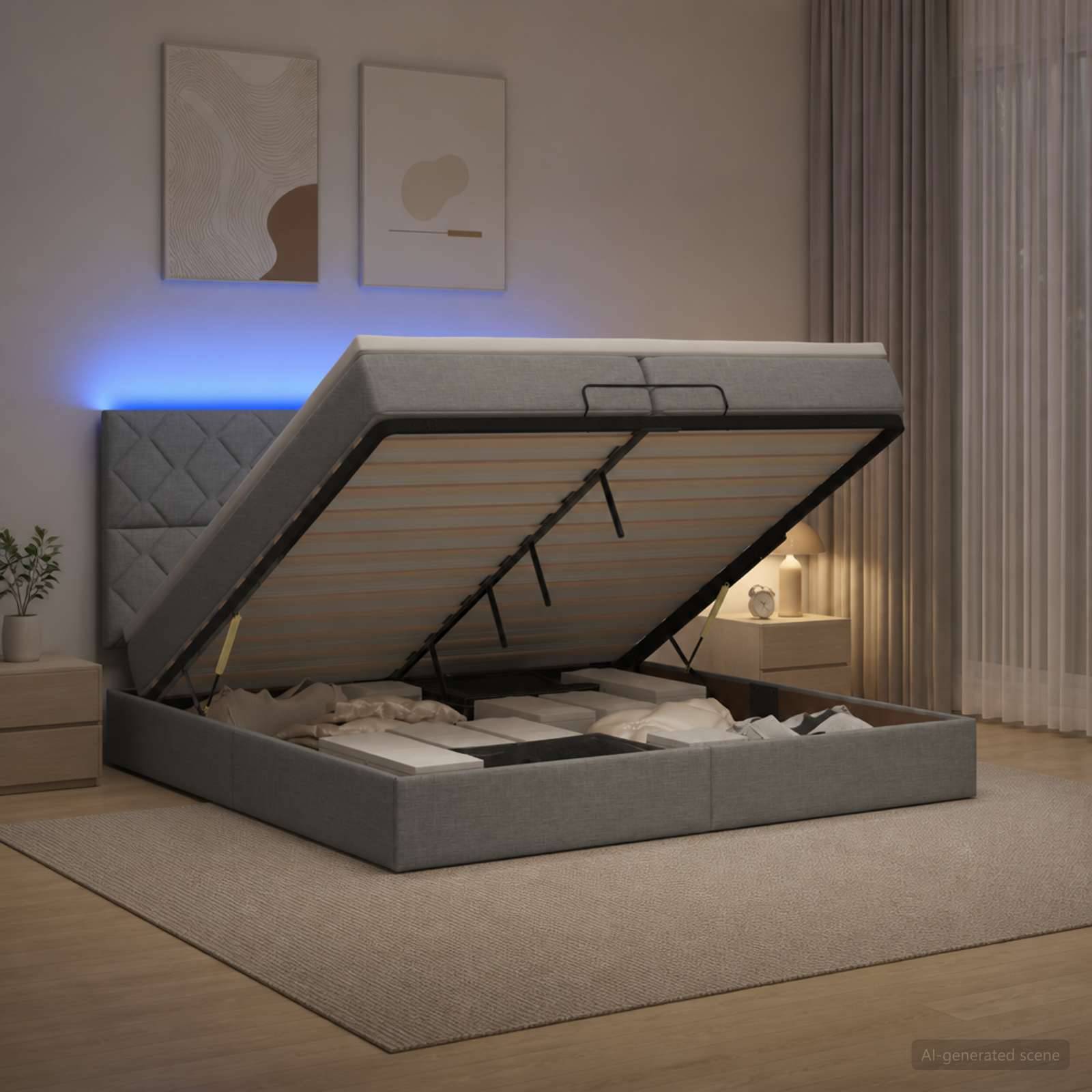 vidaXL Ottoman-Bett mit Matratze und LED Hellgrau 200 x 200 cm Stoff