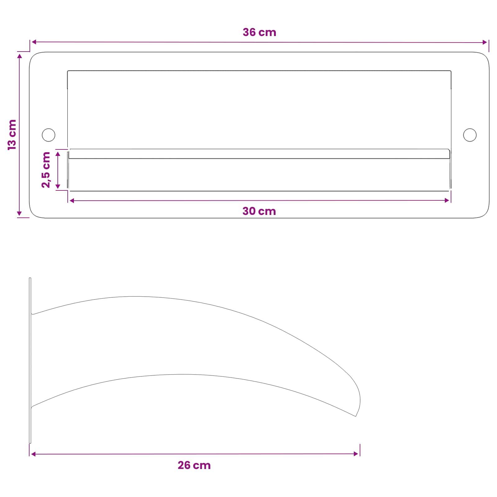 Diagramm zeigt eine rechteckige Schablone mit den Maßen 36 cm x 13 cm mit einem 30 cm inneren Bereich und einem 2,5 cm breiten Streifen sowie einem gekrümmten Teil mit einer Länge von 26 cm.