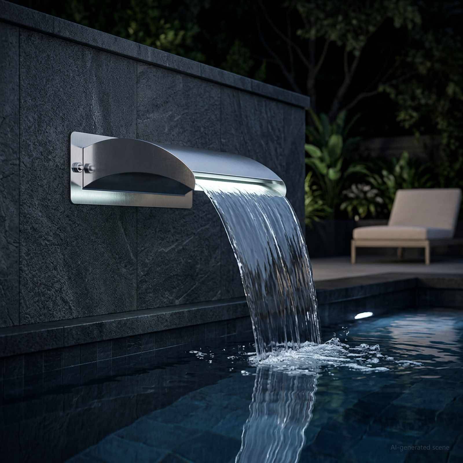 Moderner, an der Wand montierter Edelstahl-Wasserfallauslauf gießt nachts Wasser in einen Swimmingpool neben einem Liegestuhl im Freien.