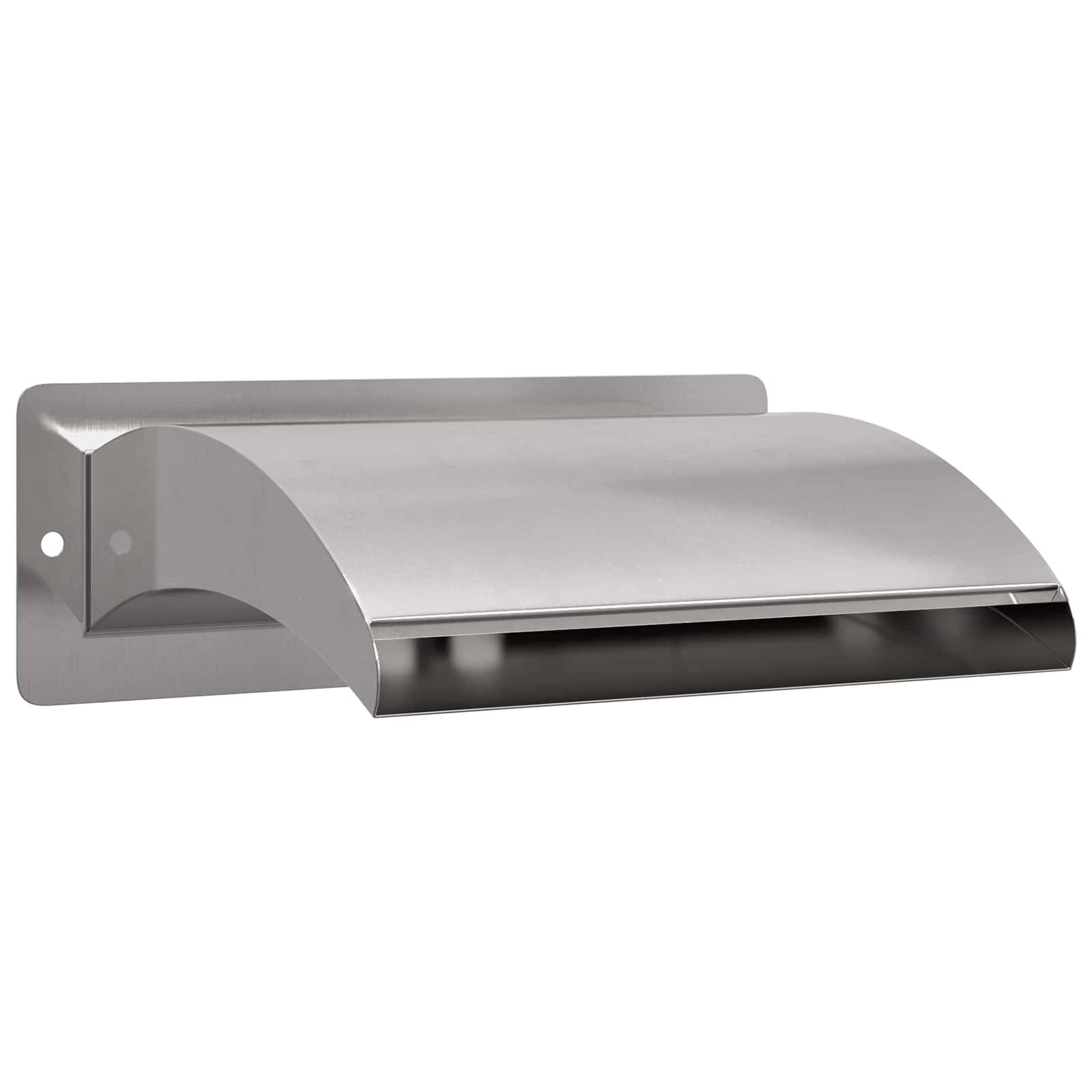 Wandmontierter Edelstahl-Trichter-Futterautomaten mit gebogener Frontöffnung für Haustiere oder Futter.