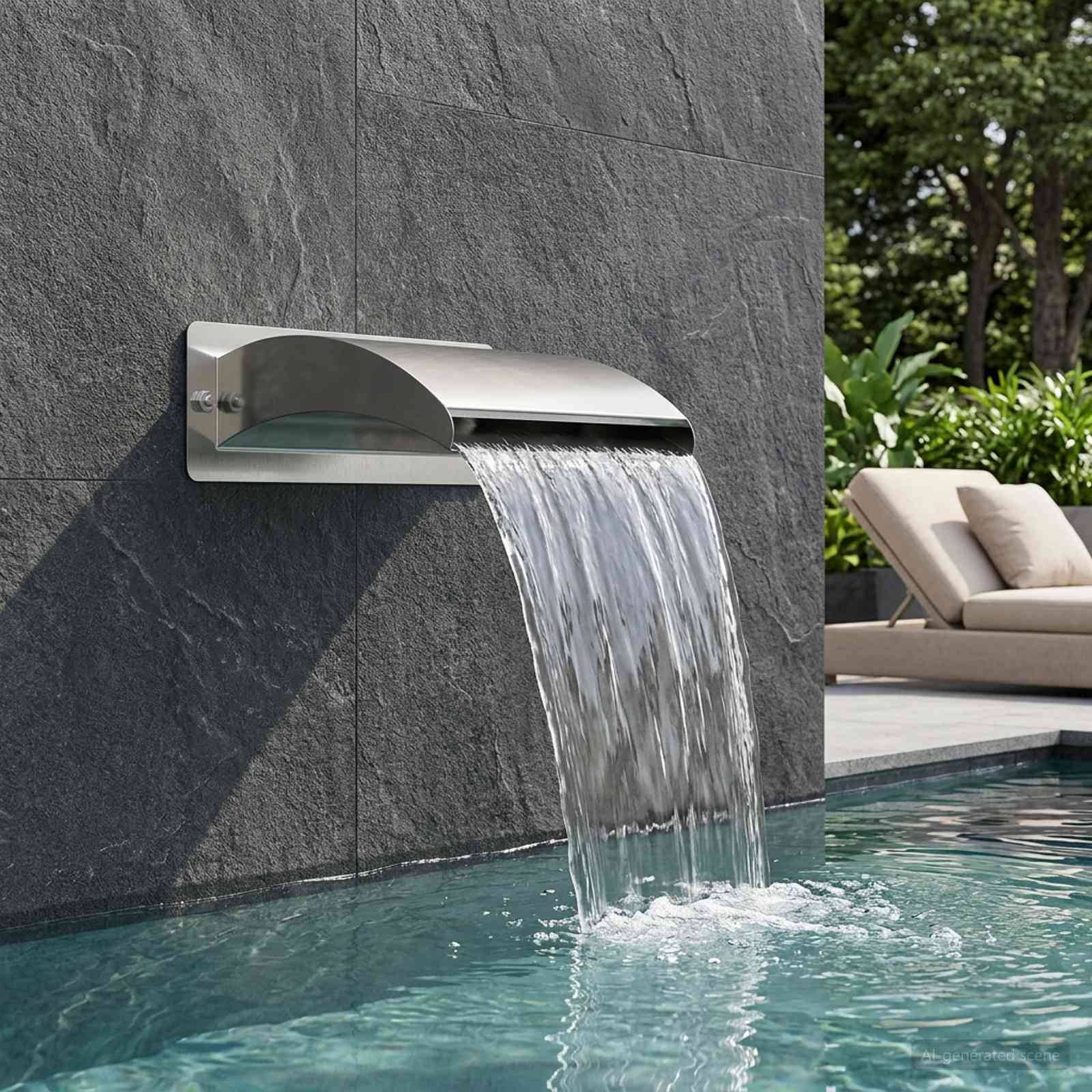 Wandmontierter Edelstahl-Wasserfallauslauf gießt Wasser in einen Swimmingpool neben einer Steinmauer und einer Liege am Poolrand.