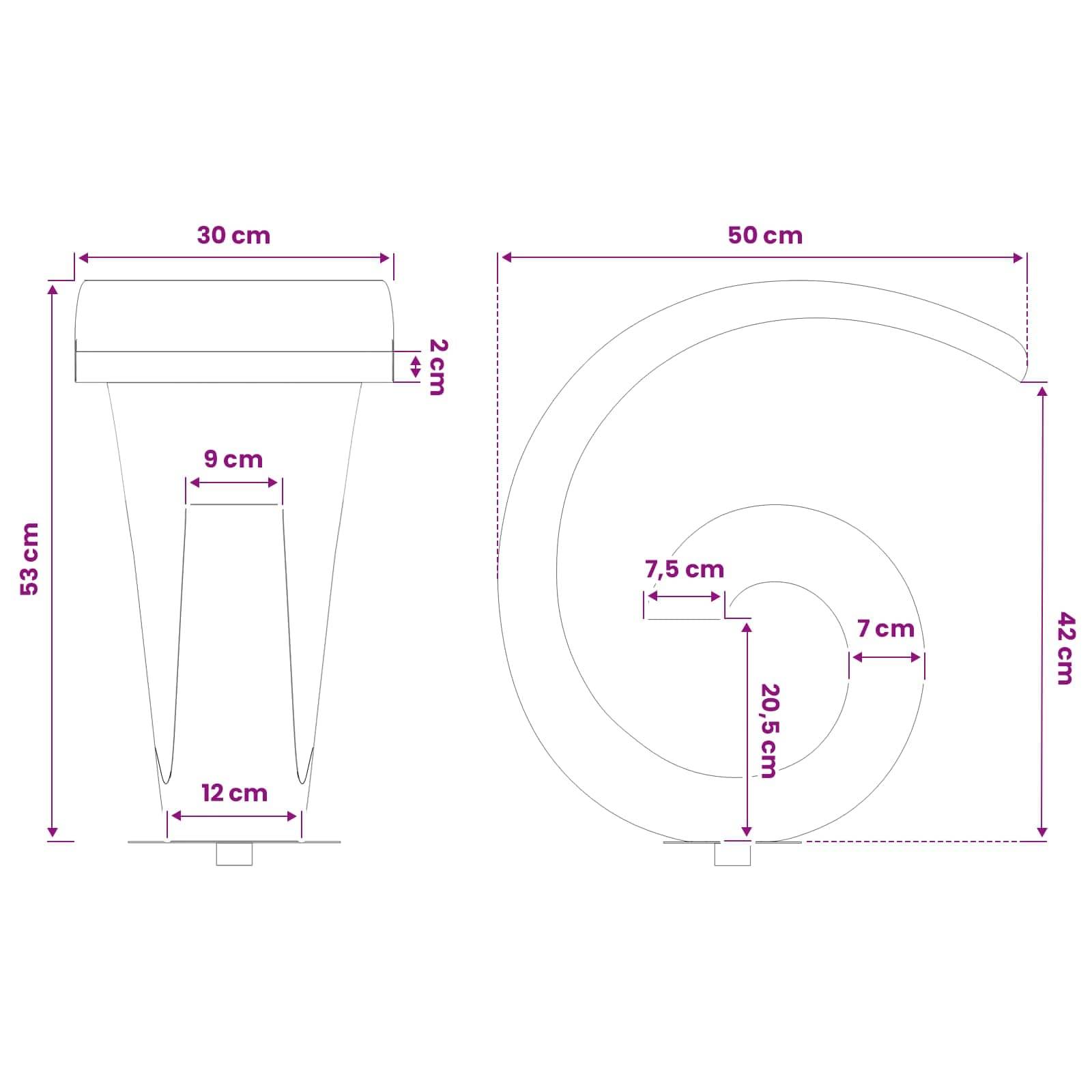 Technische Maßzeichnung von zwei toilettenähnlichen Armaturen mit Vorder- und Seitenansichten mit beschrifteten Maßen in Zentimetern, einschließlich 30 cm, 53 cm, 50 cm und 42 cm.